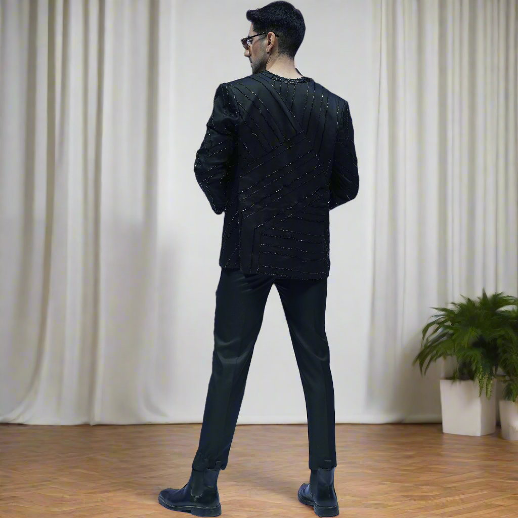 Black Embroidered Front Open Shrug Vegan Silk Blazer with Hemp Pants Yug Blazer Set