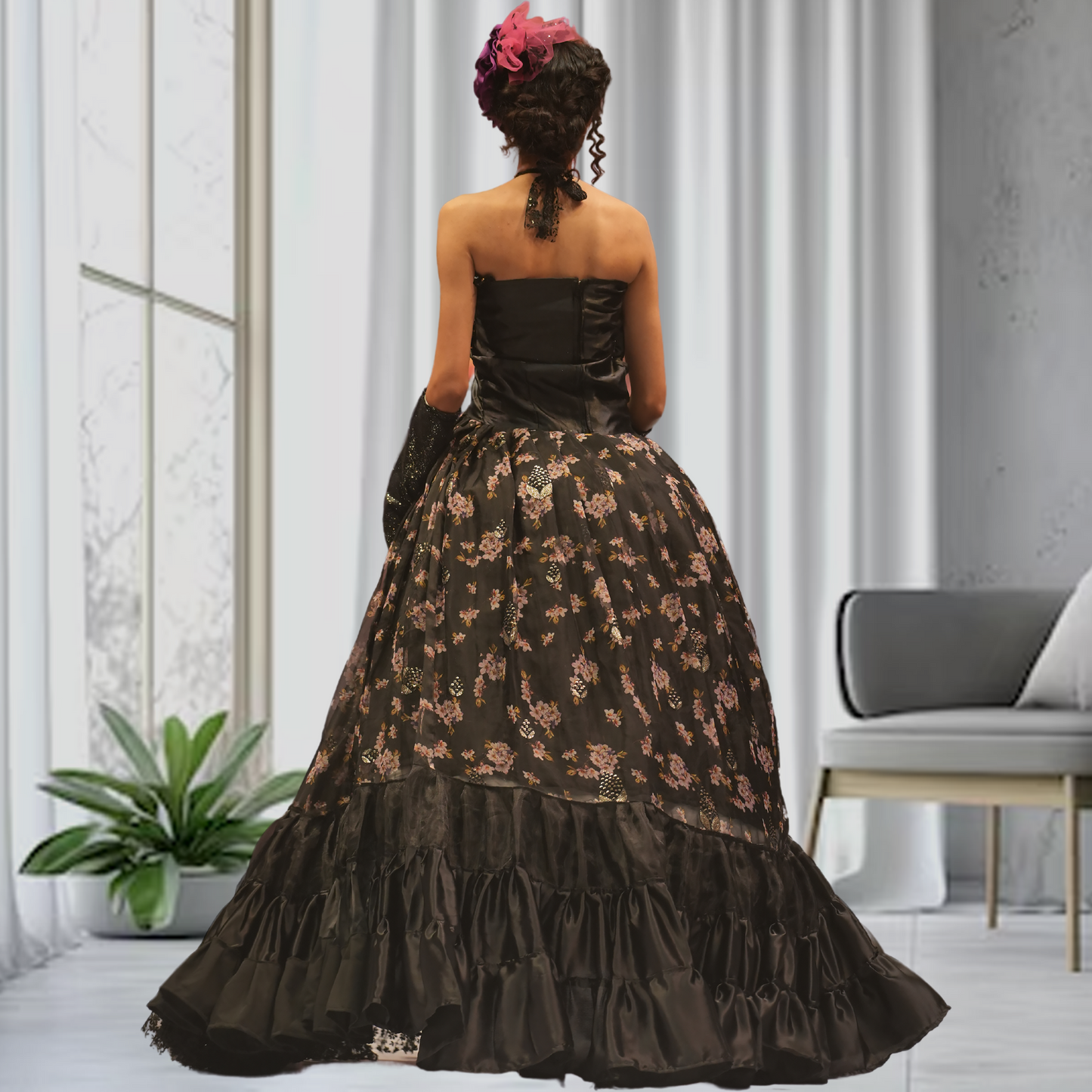 Black Organza Floral Golden Sequin Ball Gown