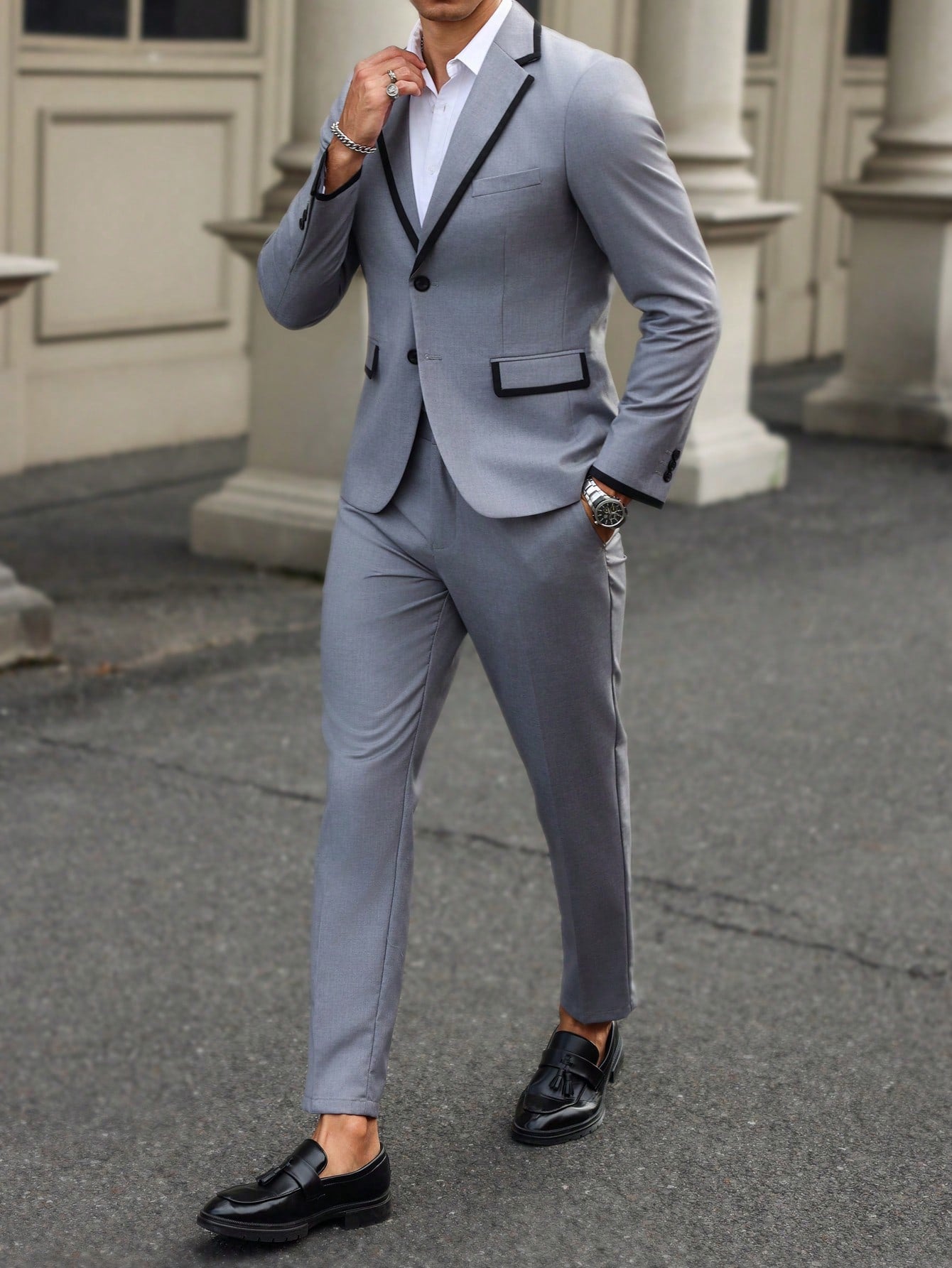 Grey Single Breasted Color Block Collared Blazer with Trouser Suit Set