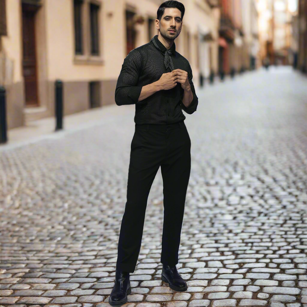 Black Lycra Knot Slim Fit Shirt