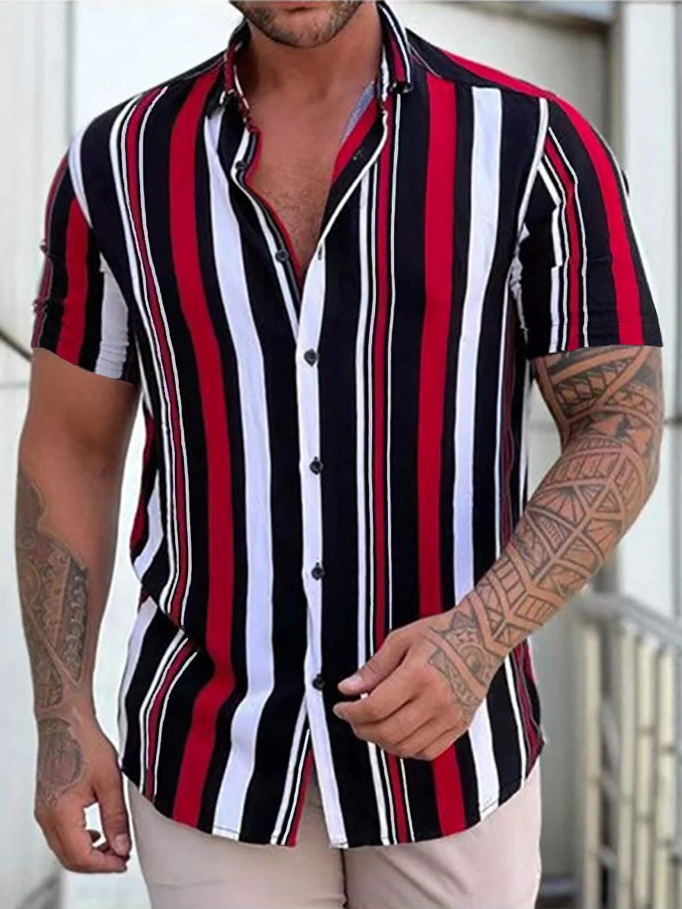 Button Front Striped Print Short Sleeve Shirt