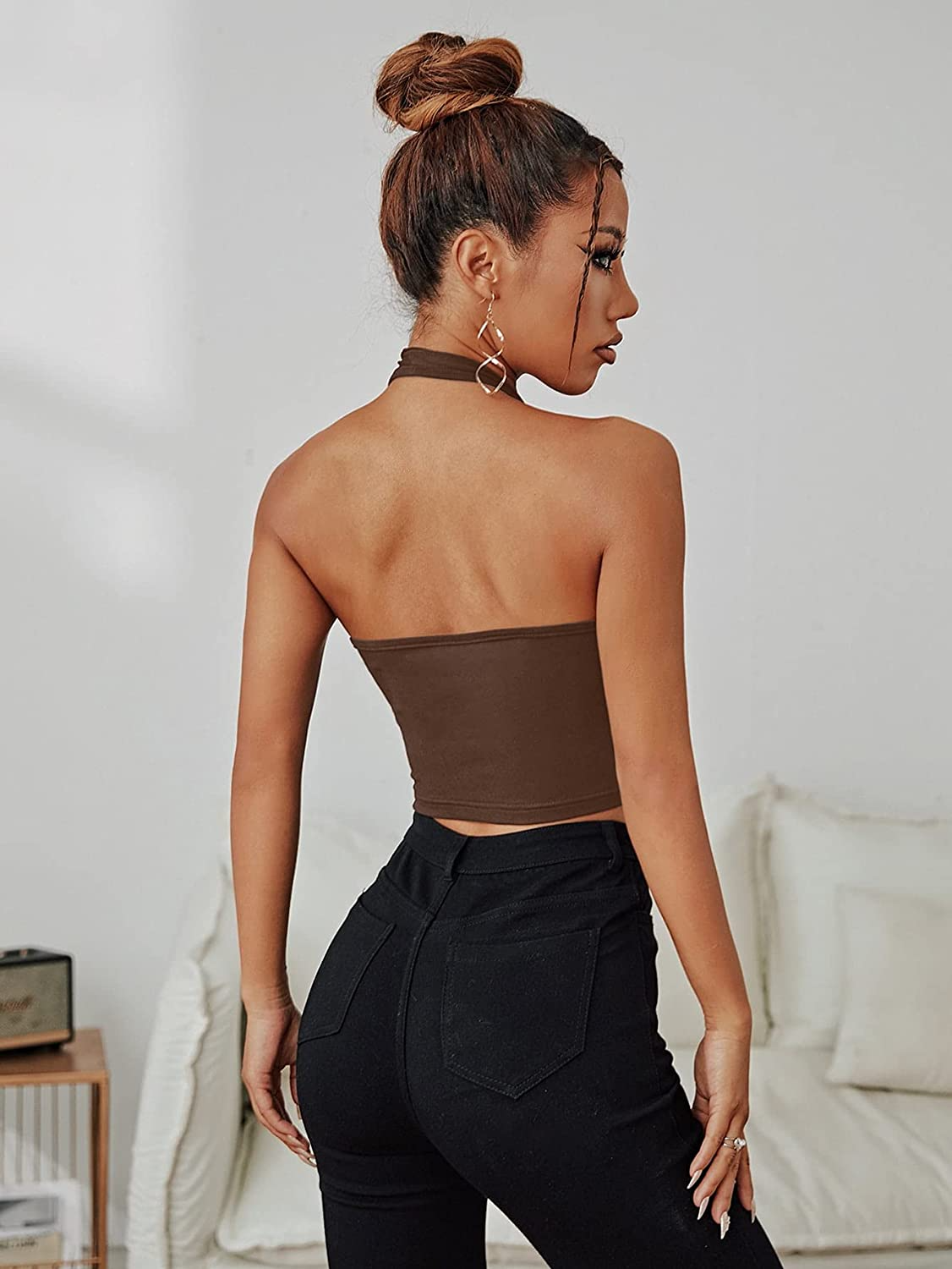 Drawstring Front Ruched Asymmetrical Hem Crop Halter Top