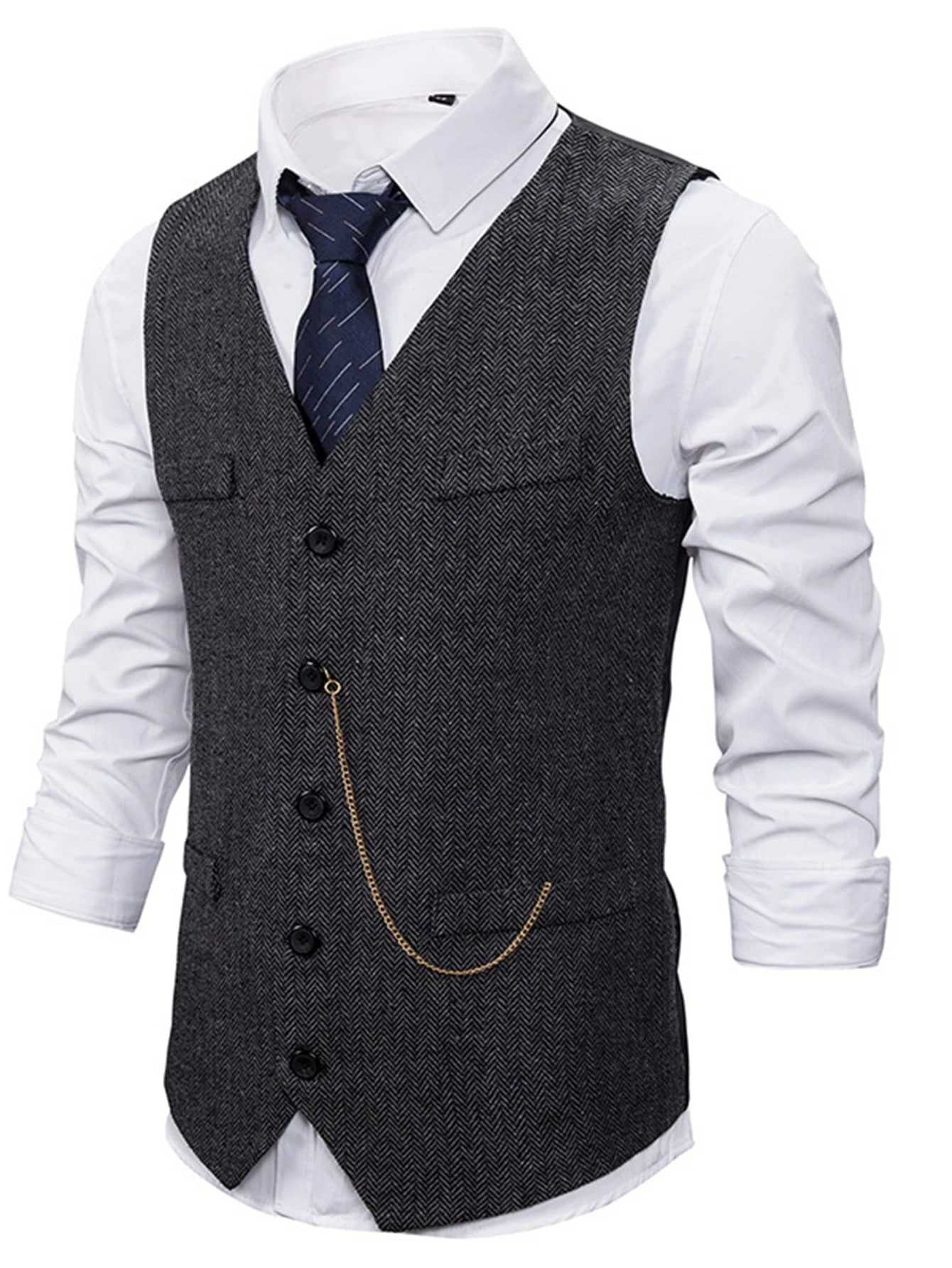 Chevron Decorative Pocket V-Neck Button Front Waistcoat