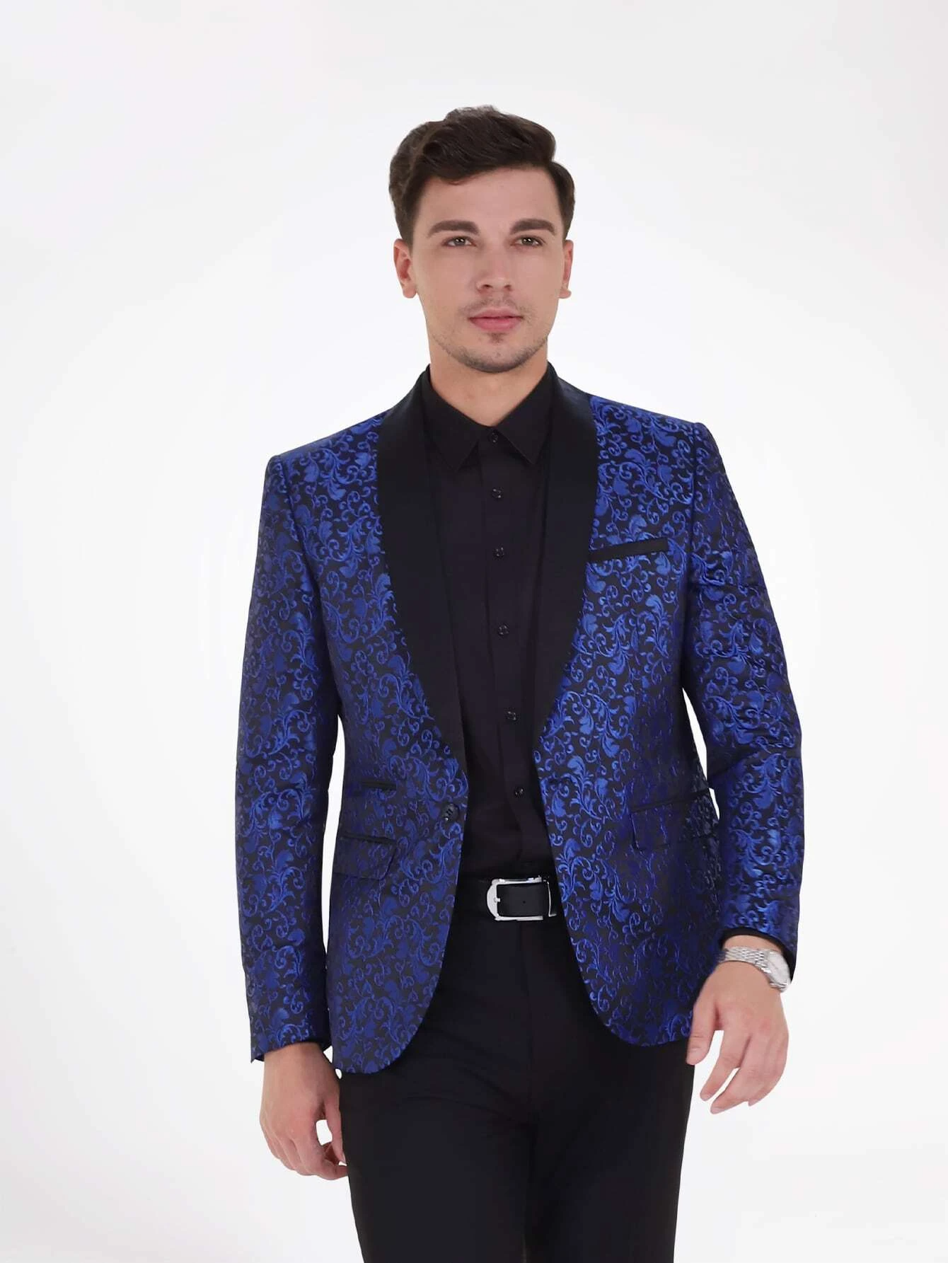 Jacquard Single Button Shawl Collar Blazer