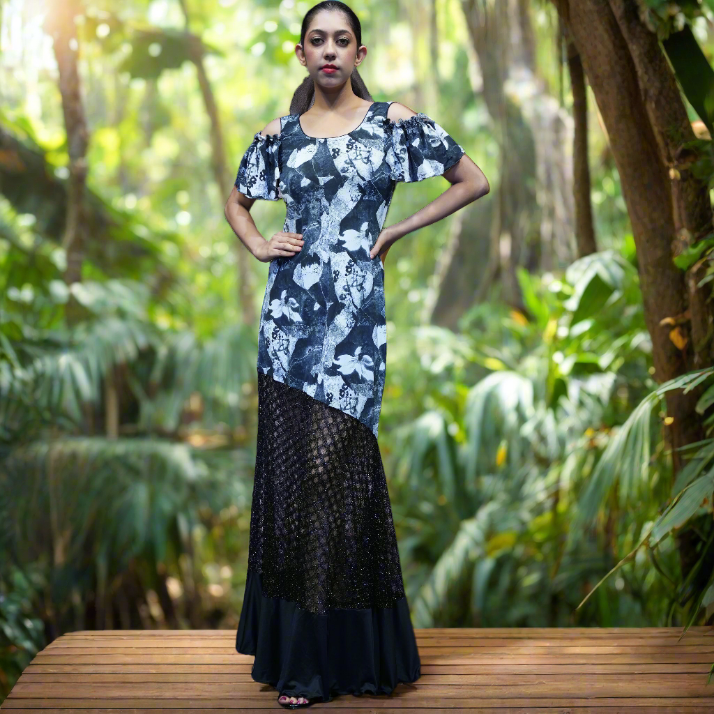 Printed Lycra Gown With Lurex Knit At The Bottom Wear.Style