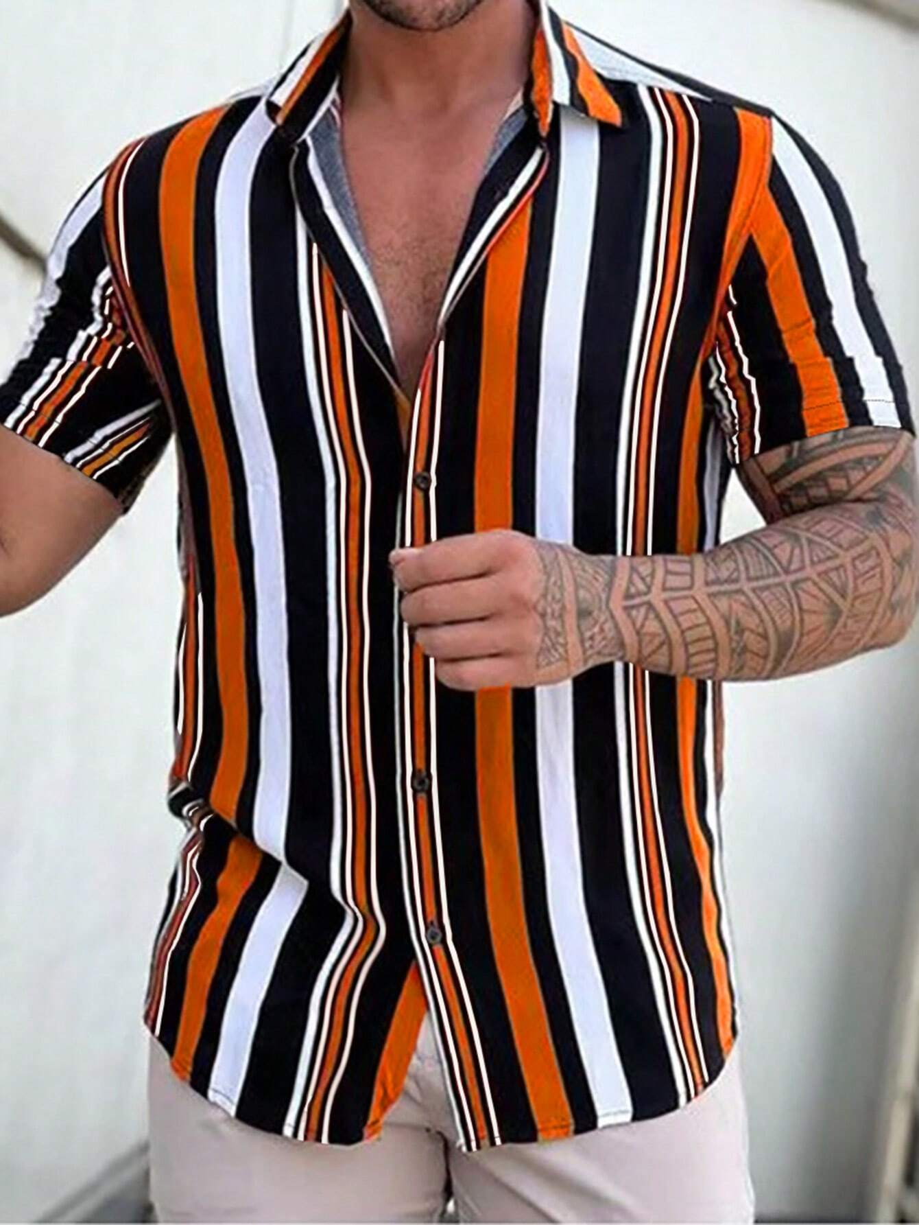 Button Front Striped Print Short Sleeve Shirt