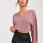 Cotton Waffle Casual Long Sleeve V-Neck Crop Top
