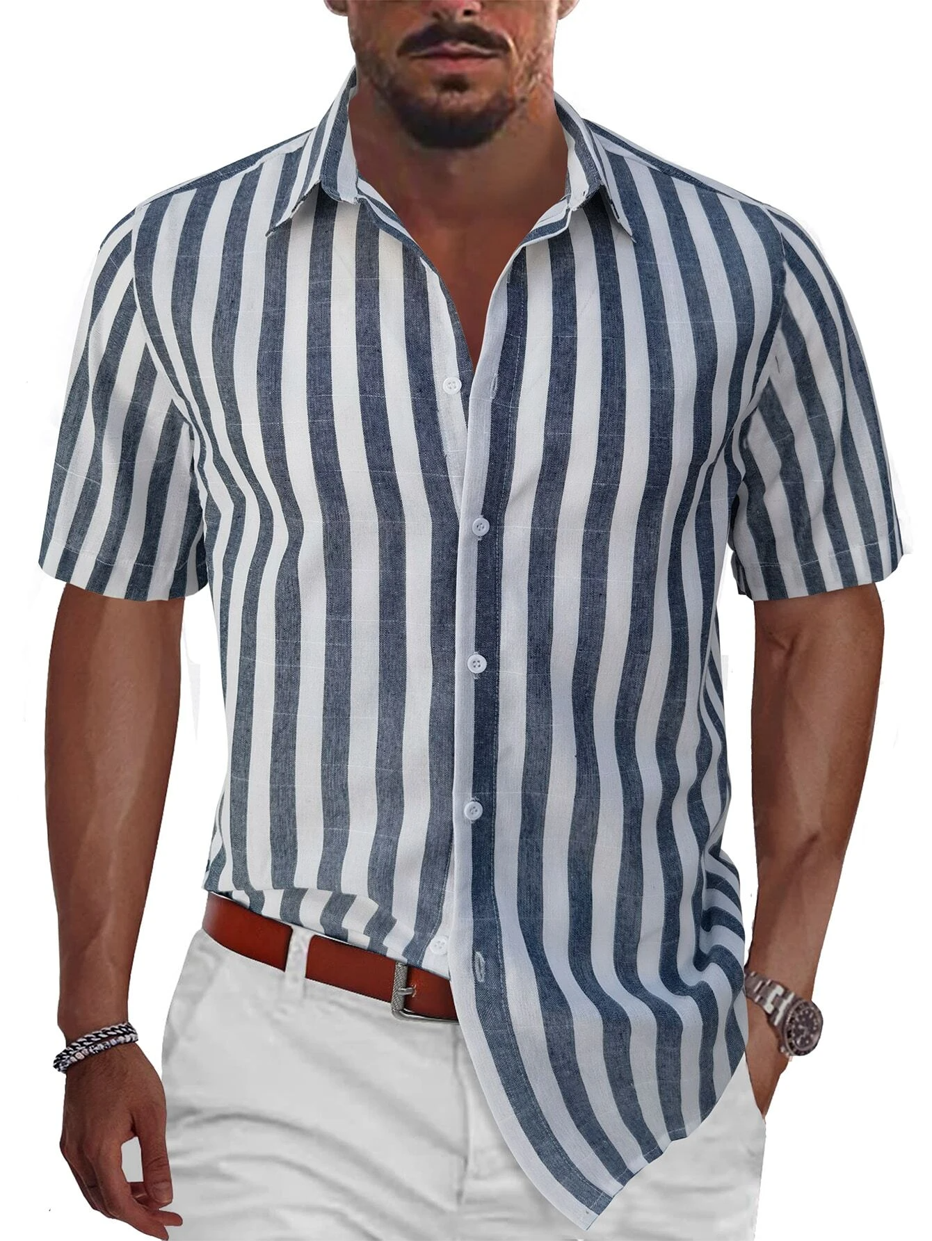 Striped Print Button Front Short Sleeve Shirt