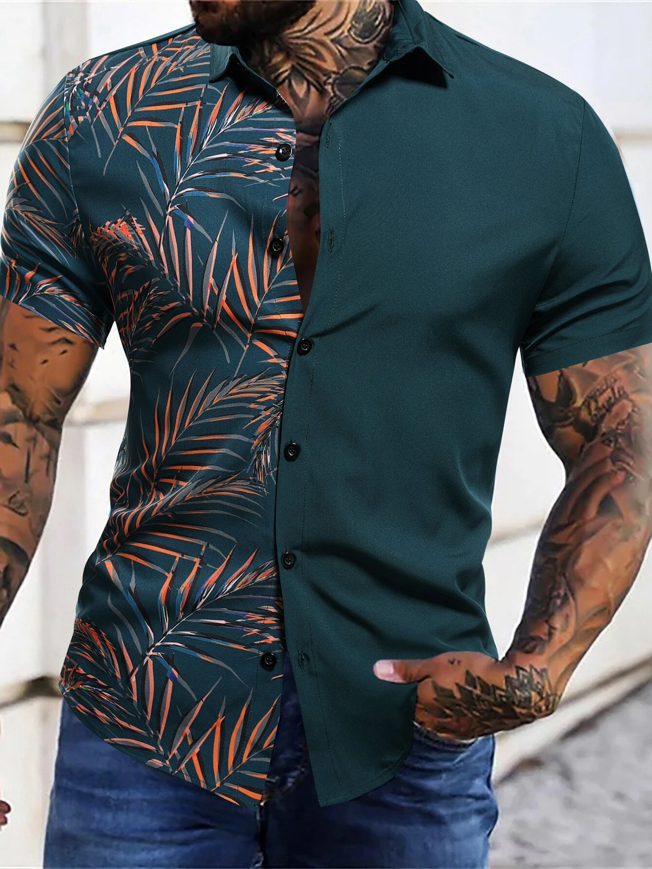 Button Front Tropical Print Short Sleeve Shirt