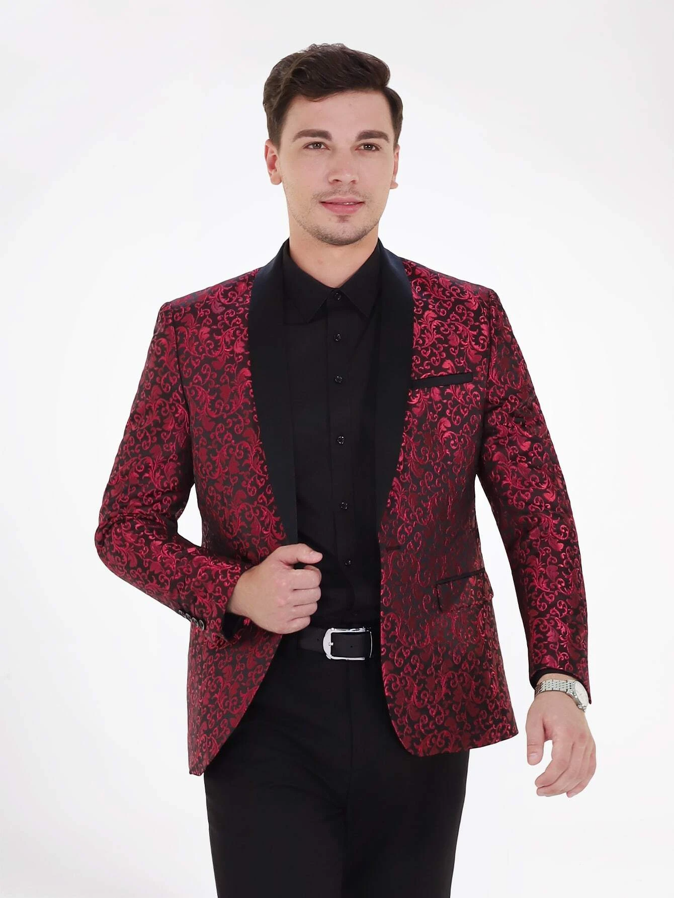 Jacquard Single Button Shawl Collar Blazer