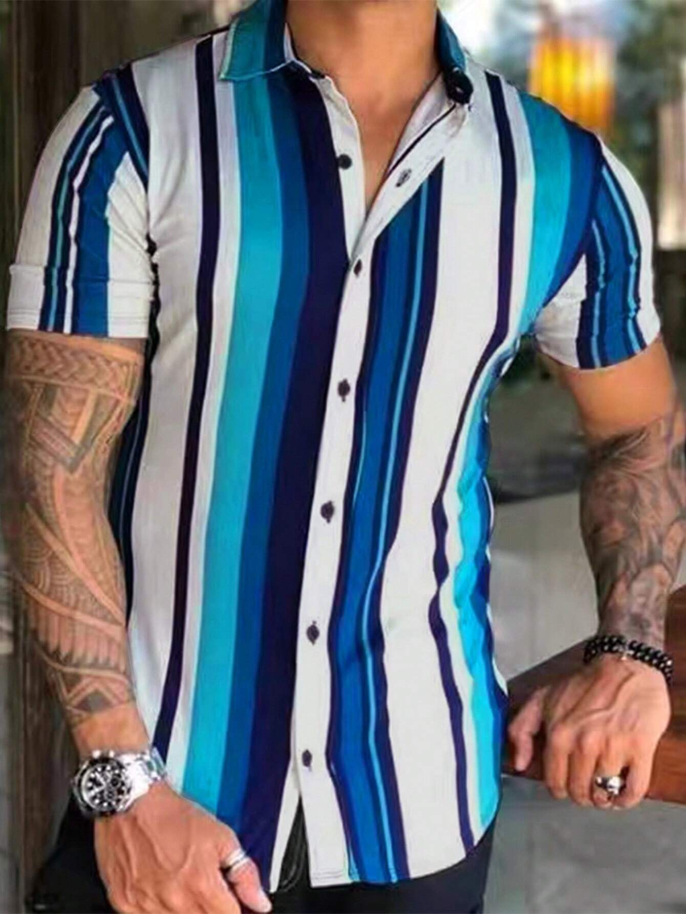 Button Front Striped Print Short Sleeve Shirt