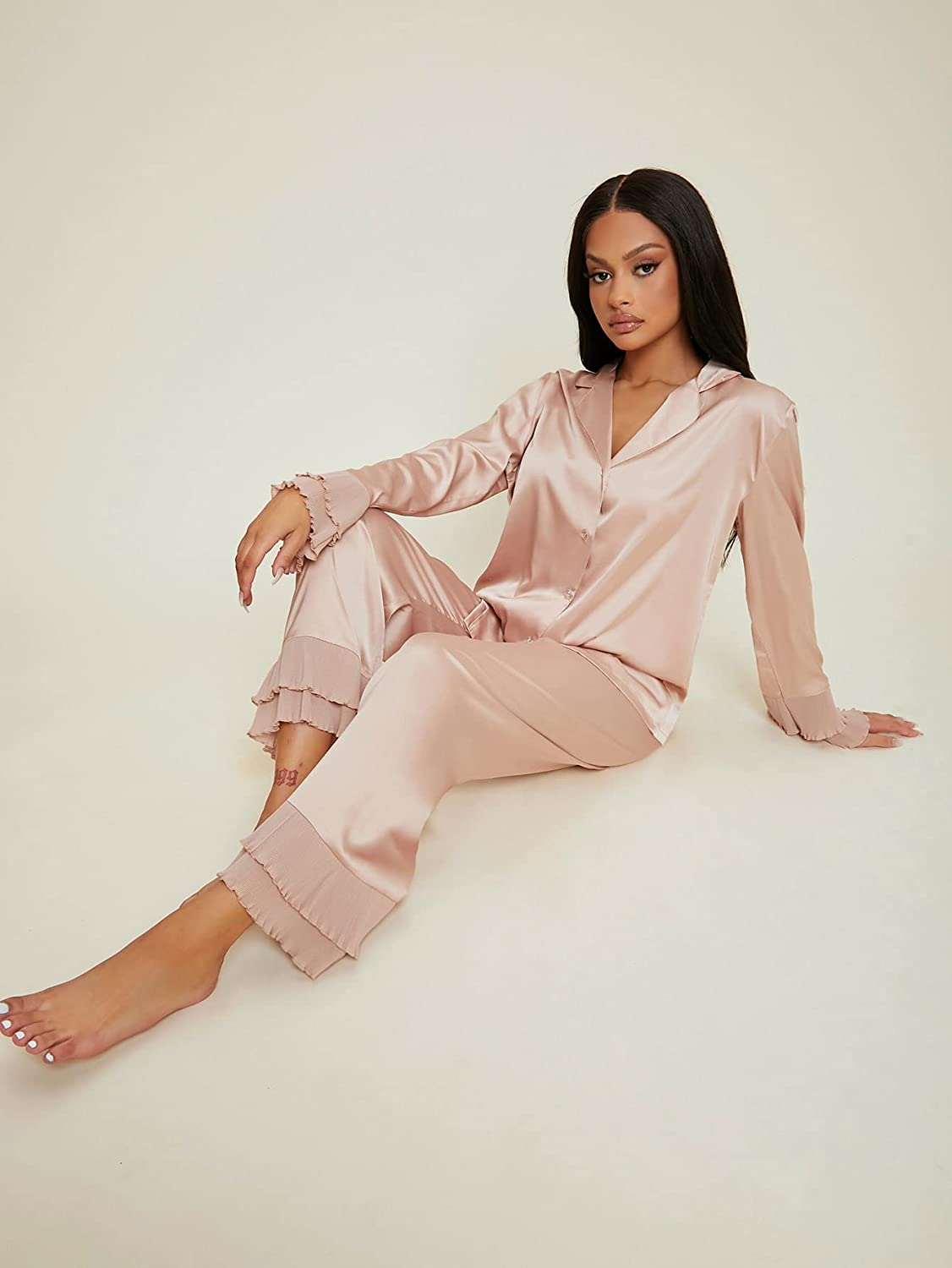 Satin Notch Collar Top and Ruffle Hem Pants Pyjama Sleepwear Set