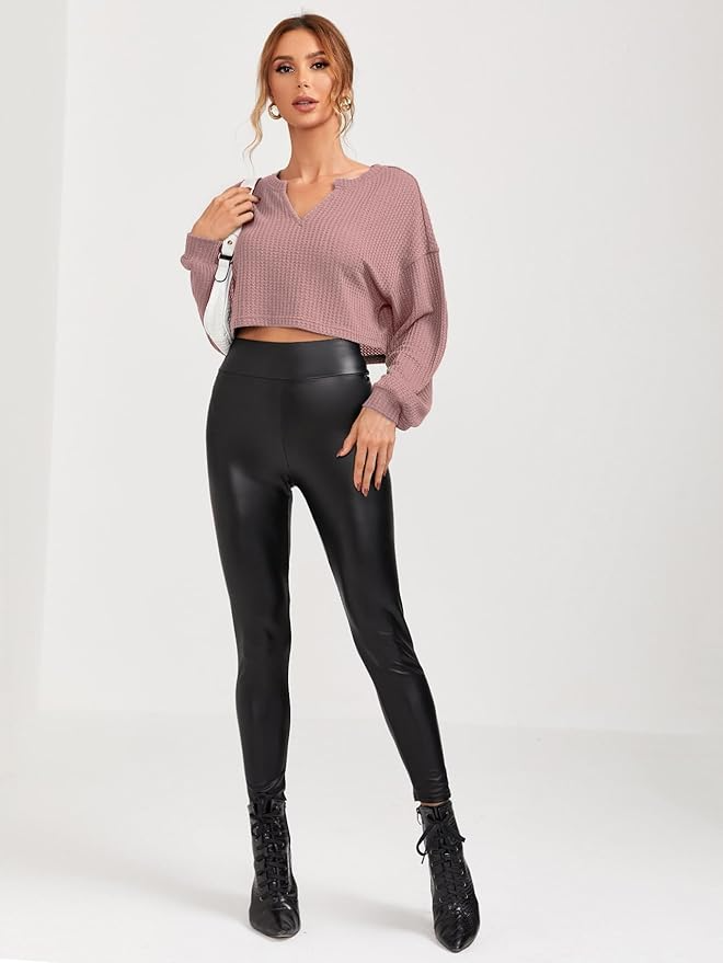 Cotton Waffle Casual Long Sleeve V-Neck Crop Top