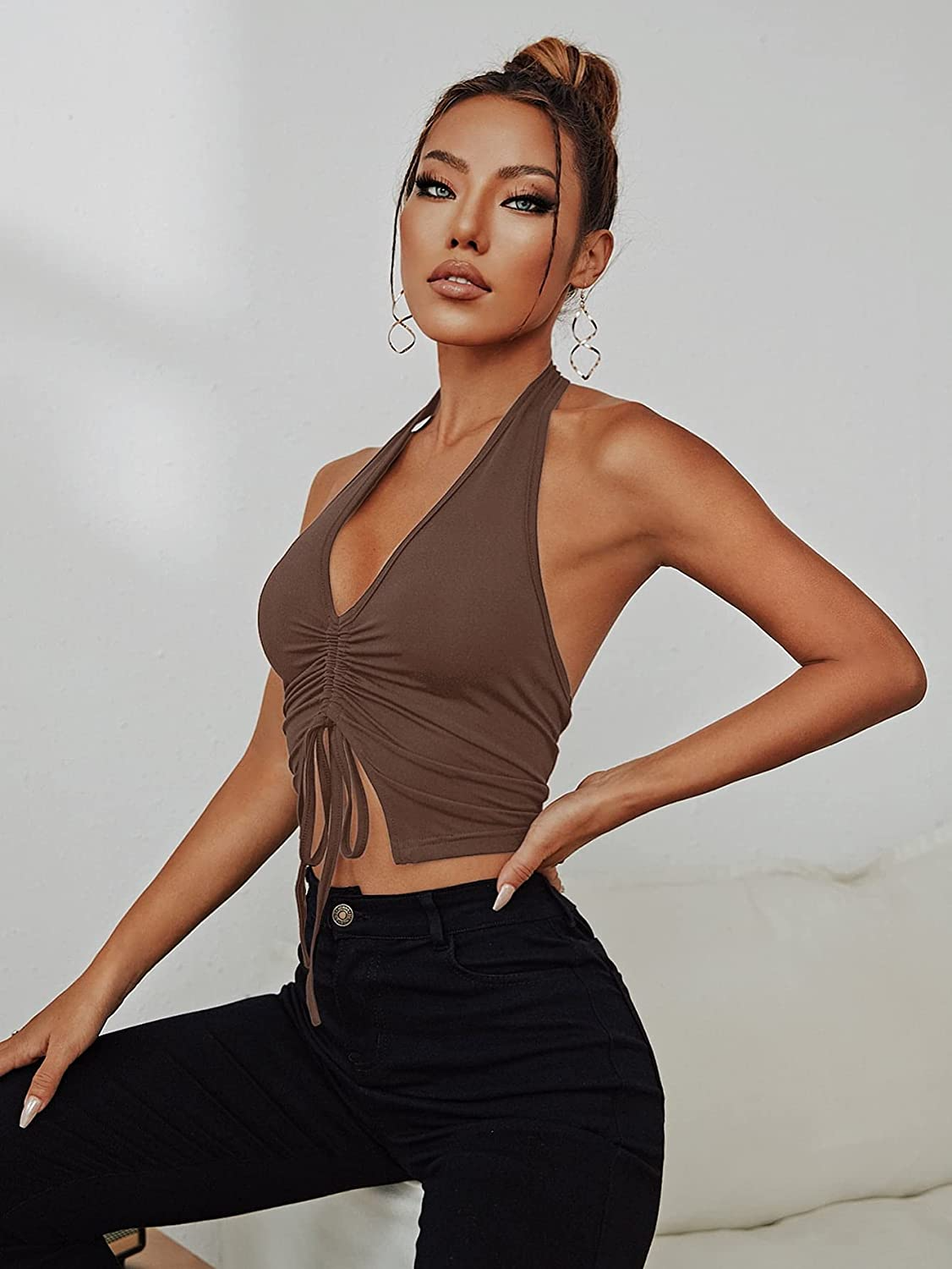 Drawstring Front Ruched Asymmetrical Hem Crop Halter Top