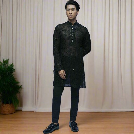 Black Hand Embroidered Open Kurta Leif Set
