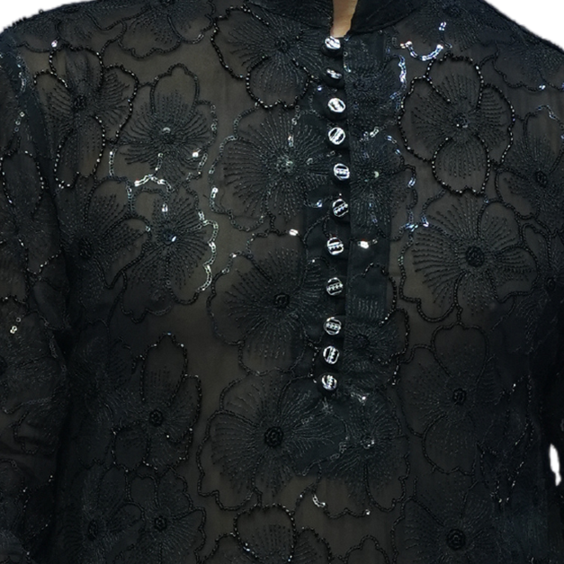 Black Hand Embroidered Open Kurta Leif Set