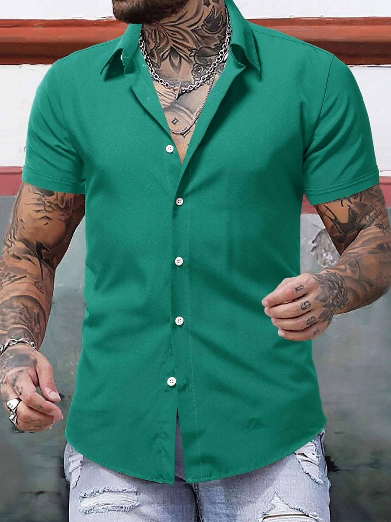 Solid Button Up Slim Fit Short Sleeve Shirt