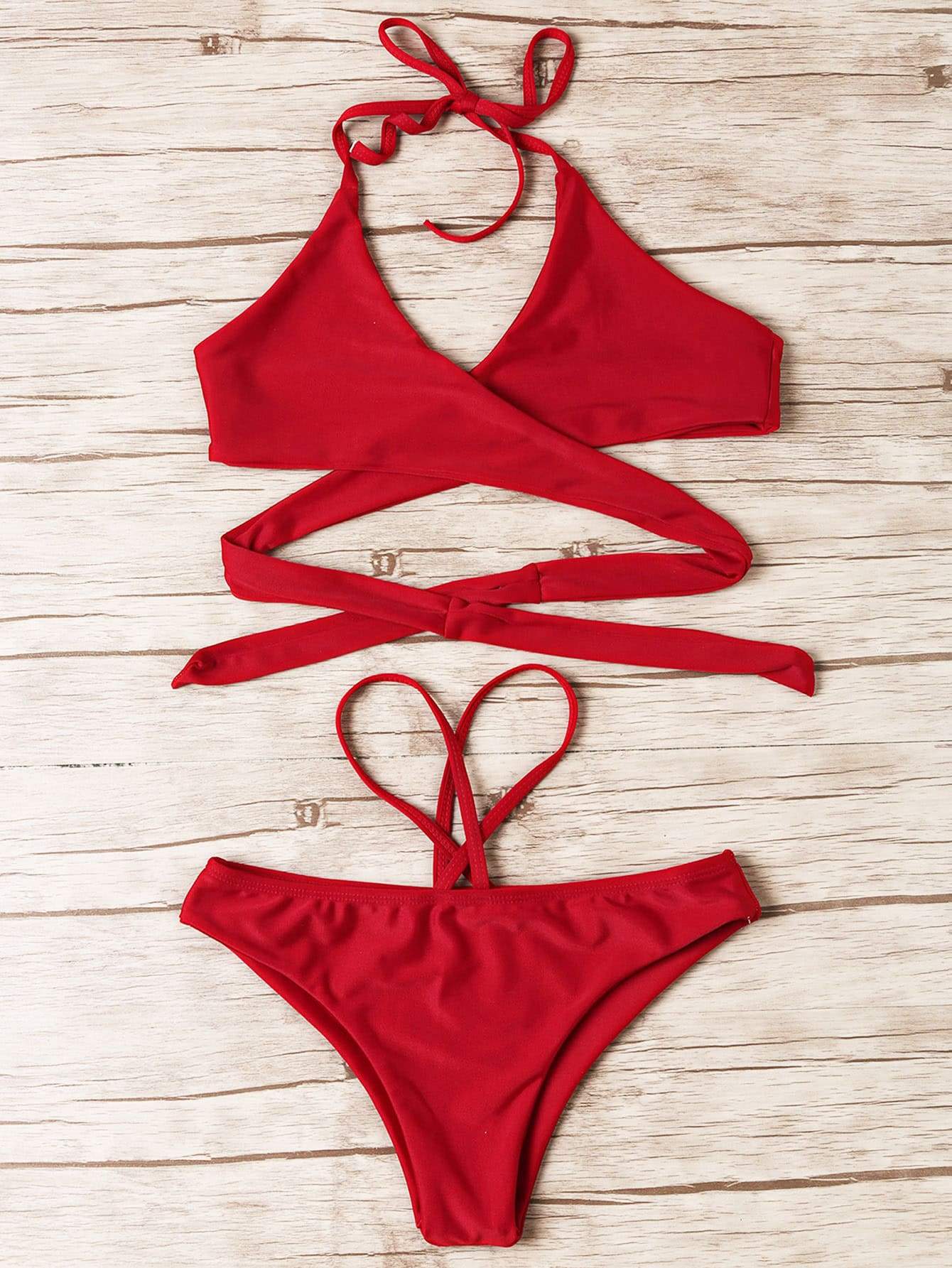 Low Rise Cross Front Lace-Up Halter Bikini Swimwear