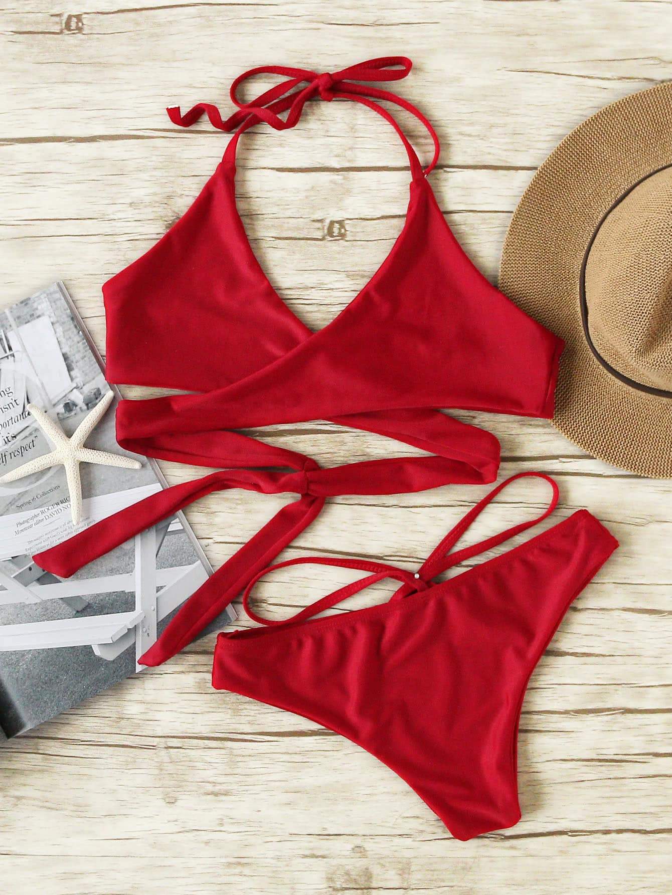 Low Rise Cross Front Lace-Up Halter Bikini Swimwear