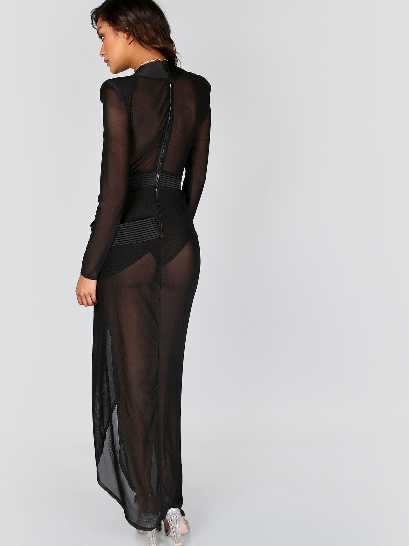 Deep V Neck Long Sleeve Shoulder Pads Sheer Wrap Dress