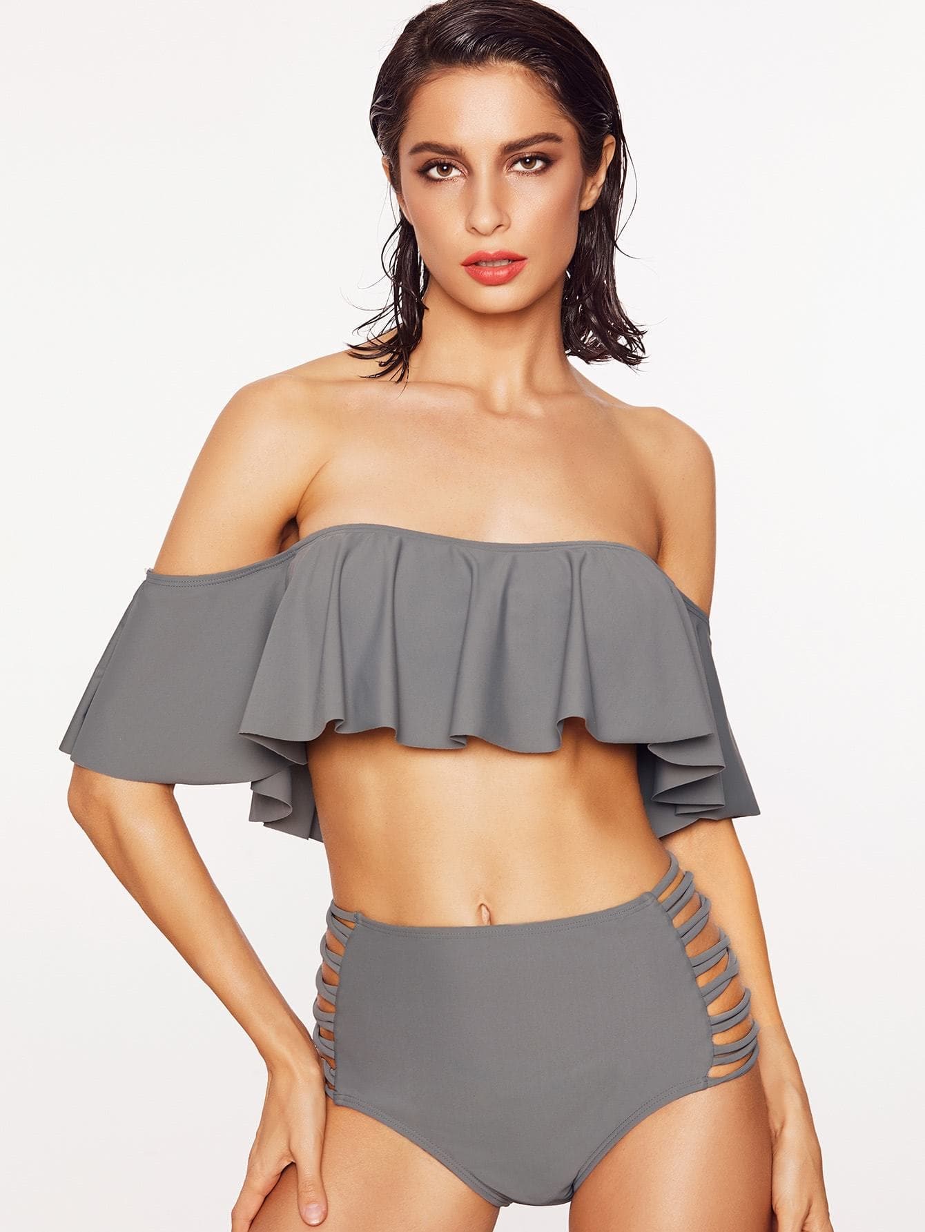 Grey Off Shoulder Frill Bardot Neckline Ladder Cutout Bikini Swimwear