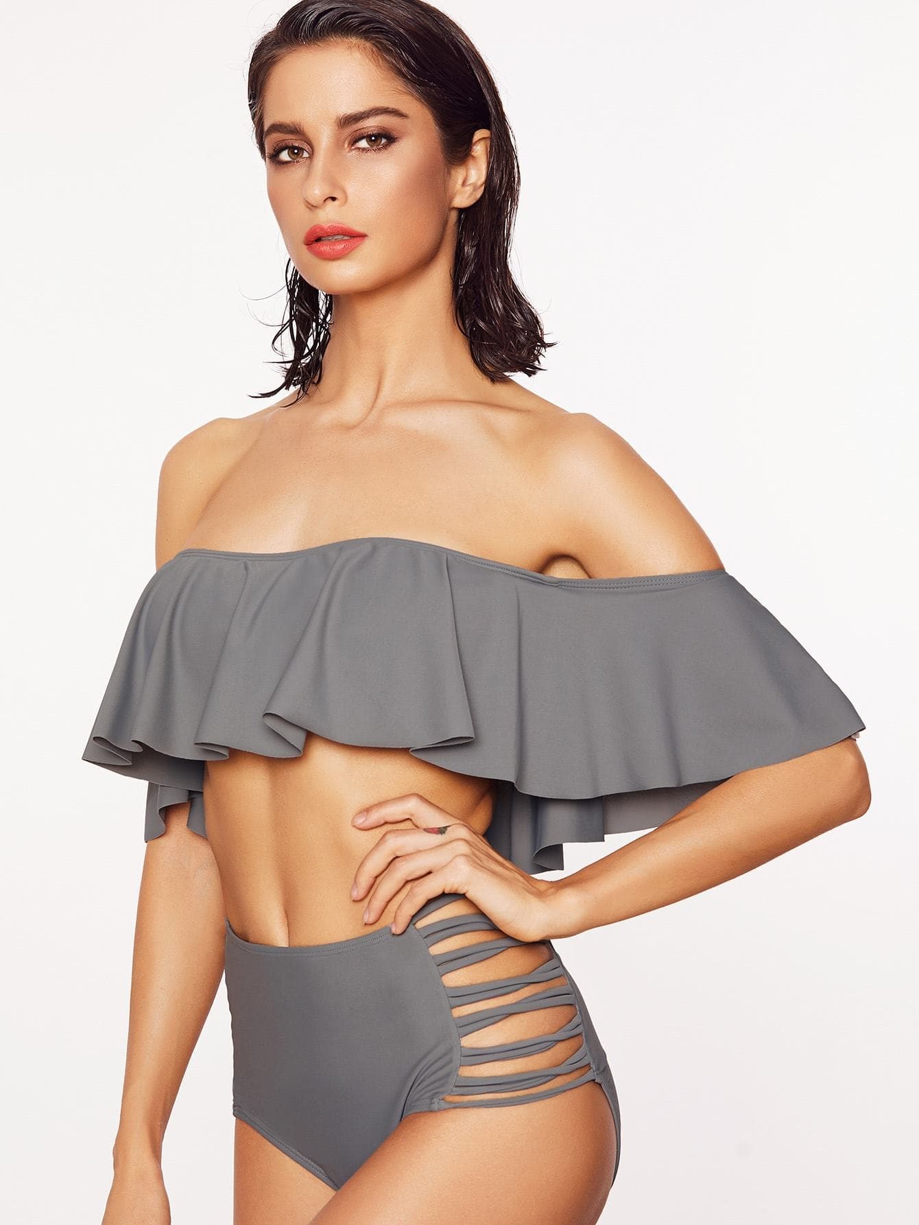 Grey Off Shoulder Frill Bardot Neckline Ladder Cutout Bikini Swimwear