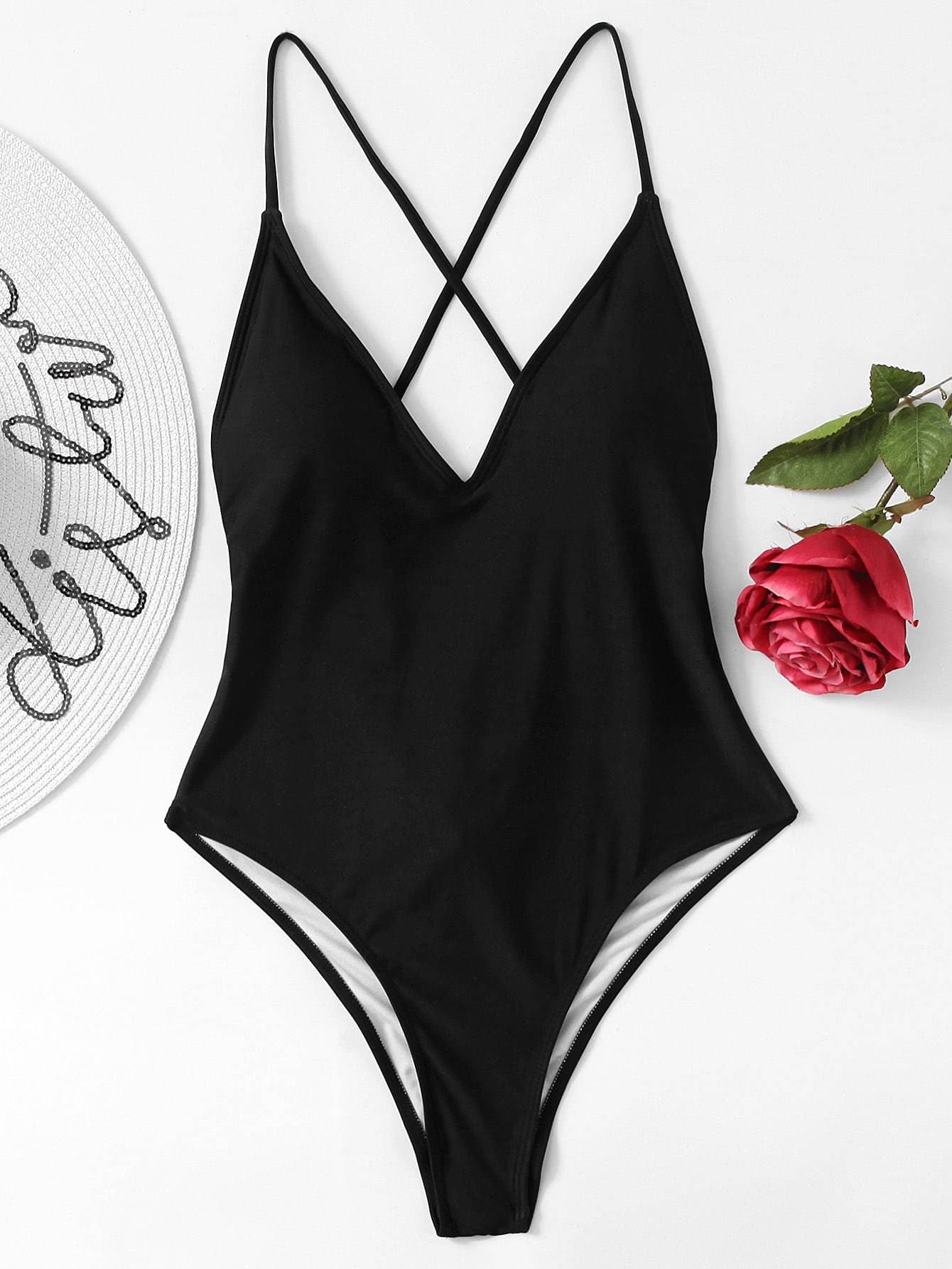 Criss Cross Plunge Neck Tie Back Push Up One Piece Swimsuit