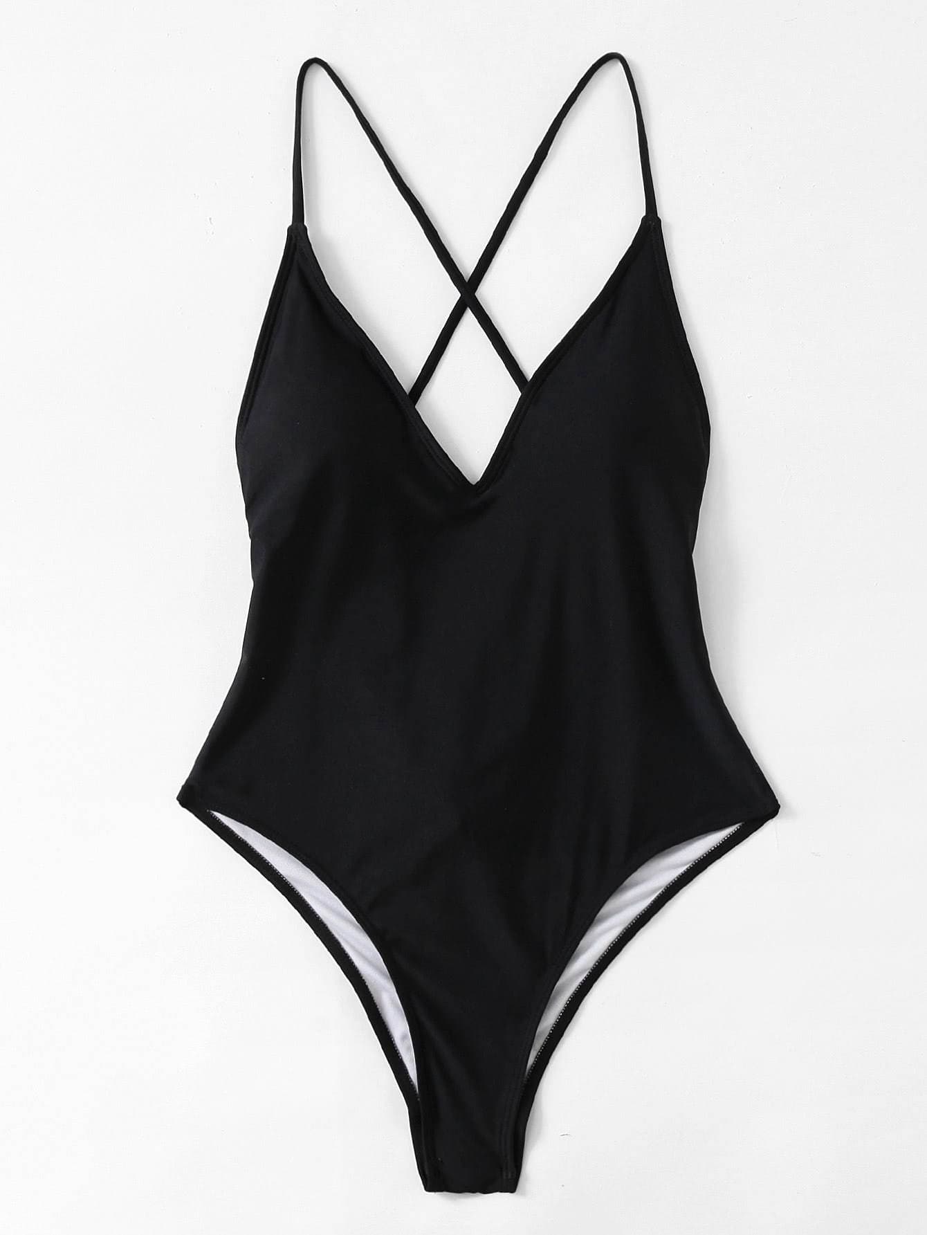 Criss Cross Plunge Neck Tie Back Push Up One Piece Swimsuit