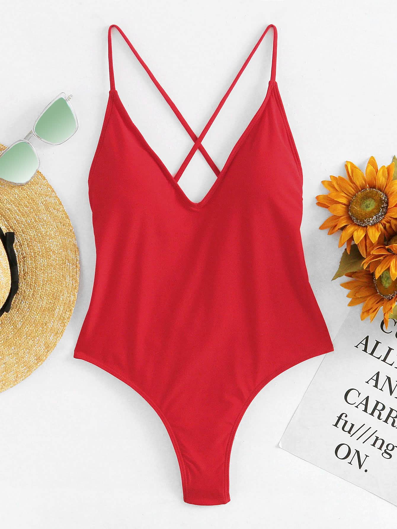 Criss Cross Plunge Neck Tie Back Push Up One Piece Swimsuit
