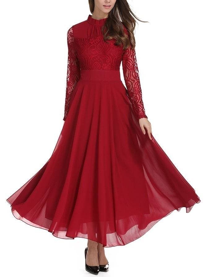 Round Neck Long Sleeve Contrast Lace Buttoned Keyhole Dress