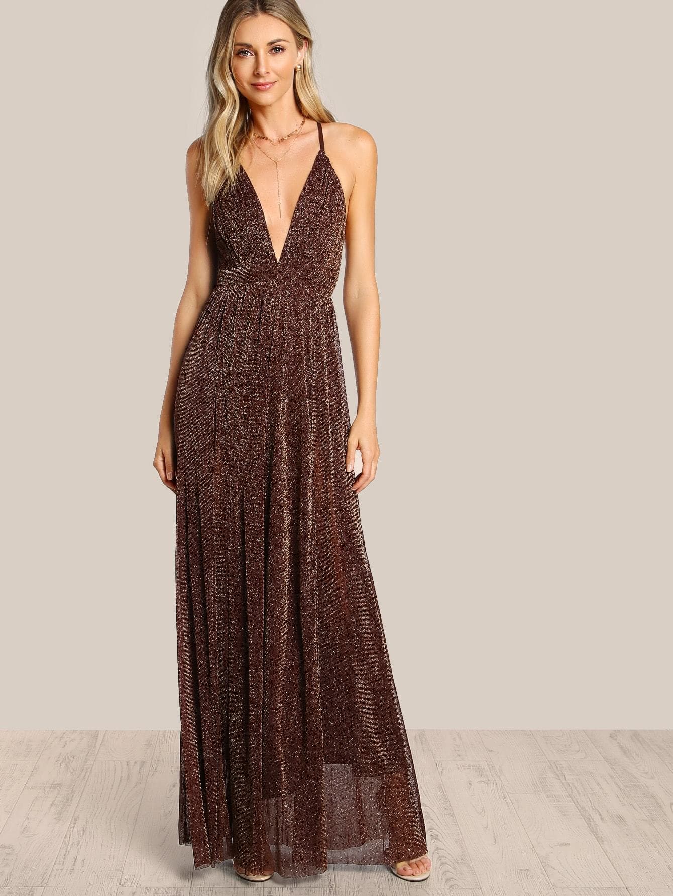 Coffee Polyester Deep V Neck Sleeveless Spaghetti Strap Glitter Overlay Dress