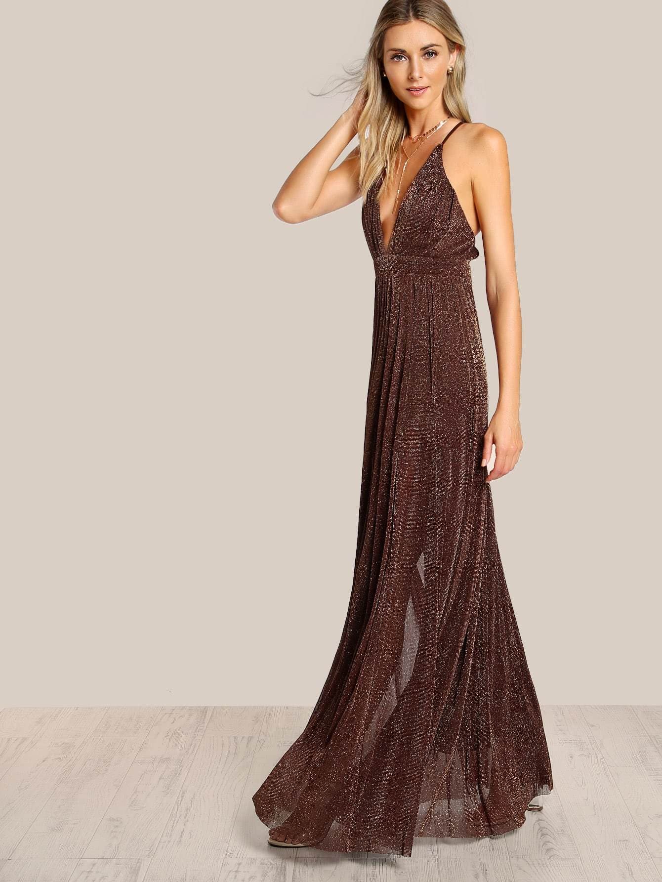 Coffee Polyester Deep V Neck Sleeveless Spaghetti Strap Glitter Overlay Dress