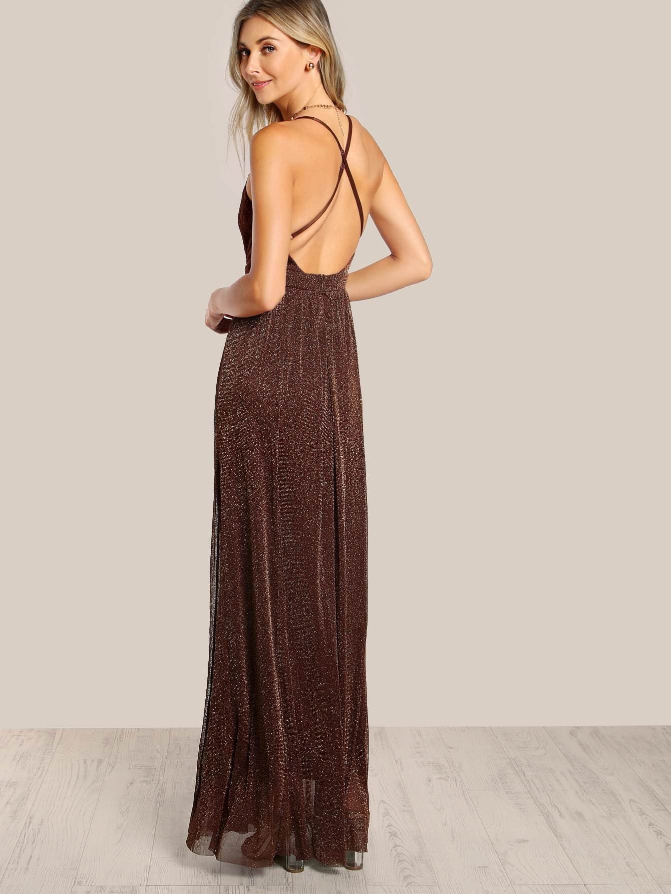 Coffee Polyester Deep V Neck Sleeveless Spaghetti Strap Glitter Overlay Dress