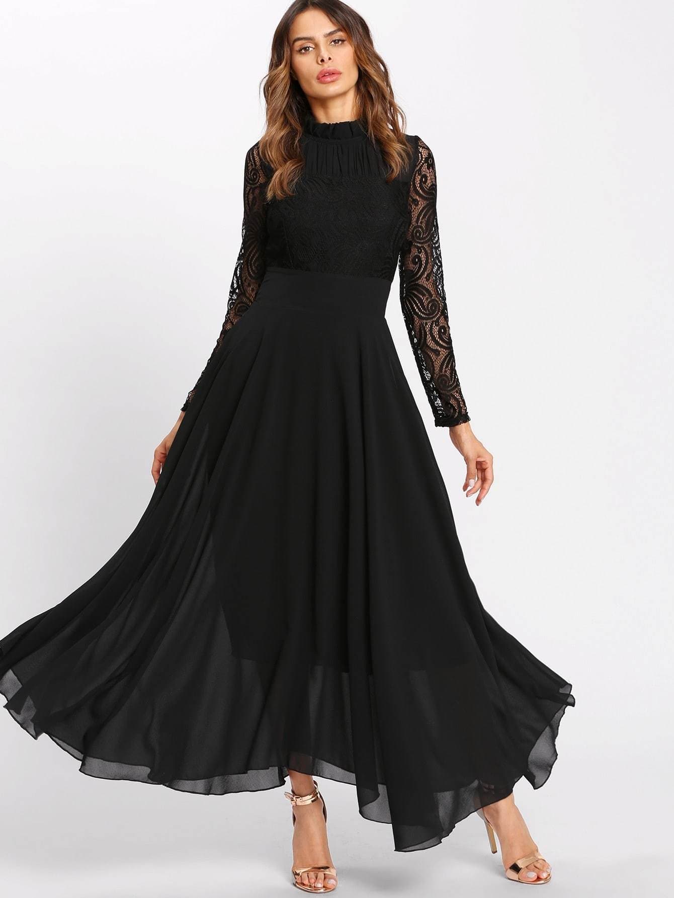 Round Neck Long Sleeve Contrast Lace Buttoned Keyhole Dress