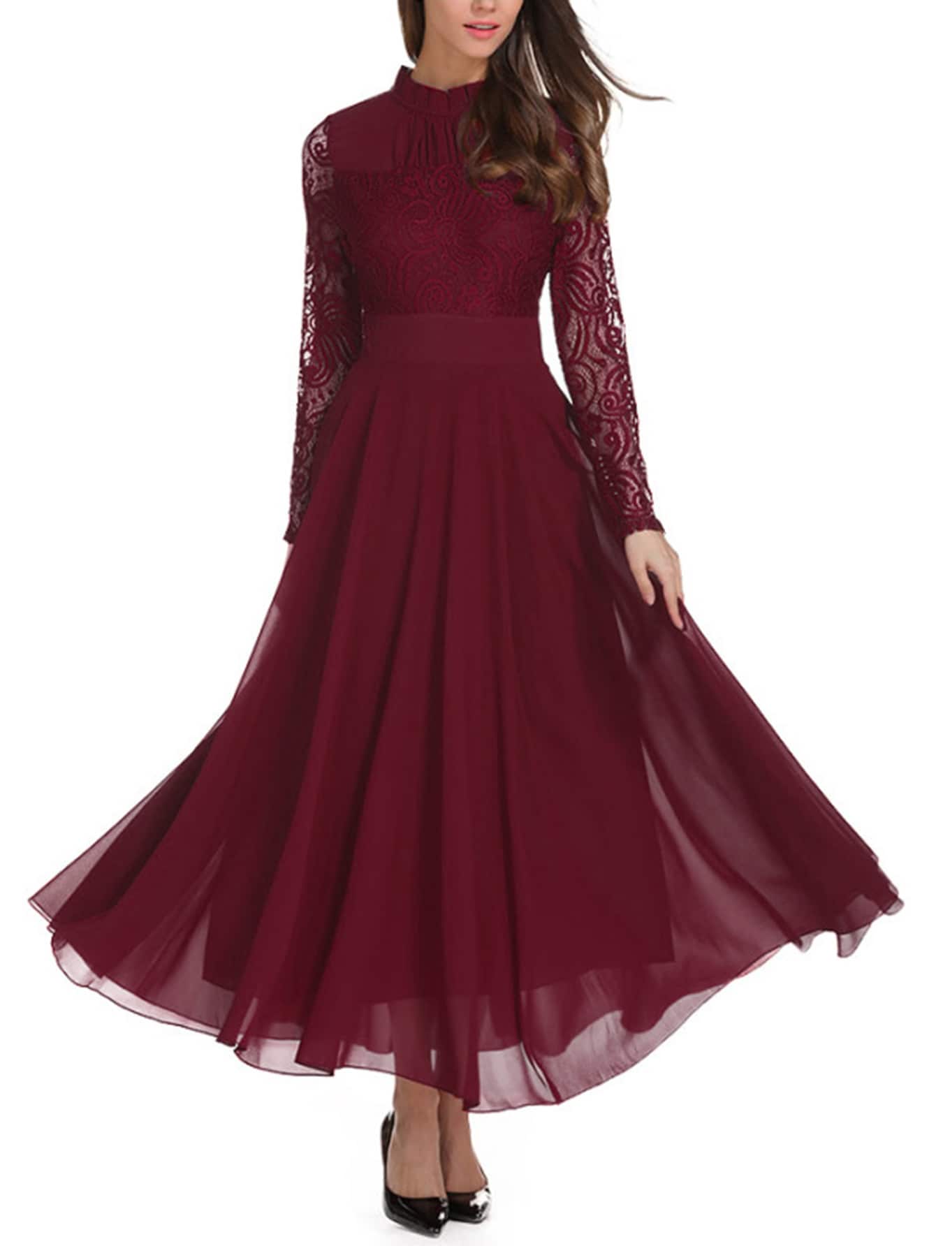 Round Neck Long Sleeve Contrast Lace Buttoned Keyhole Dress