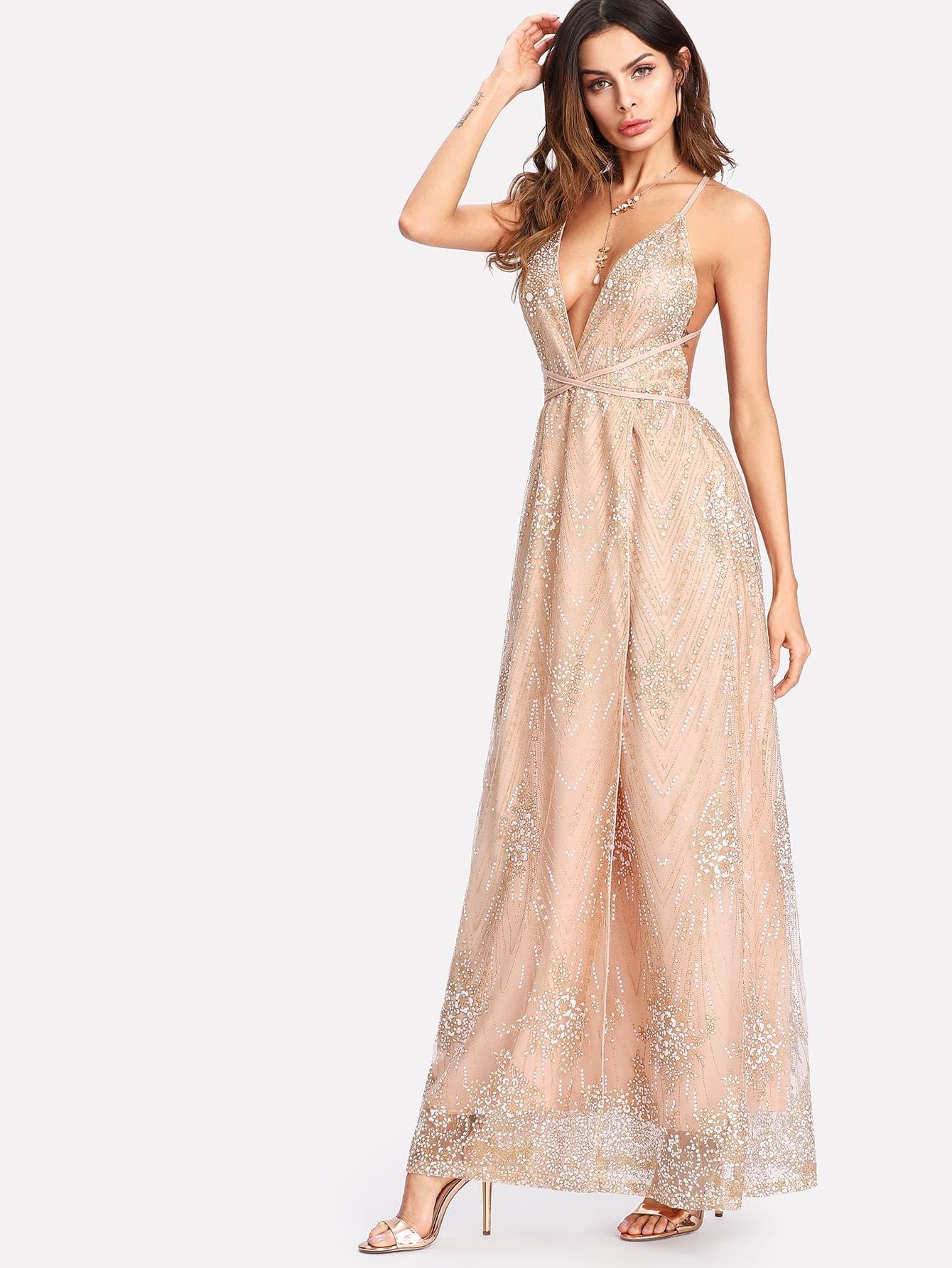 V Neck Spaghetti Strap Crisscross High Split Sparkle Mesh Plunge Dress