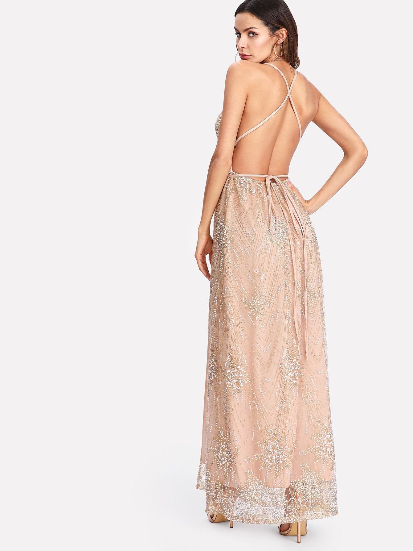 V Neck Spaghetti Strap Crisscross High Split Sparkle Mesh Plunge Dress