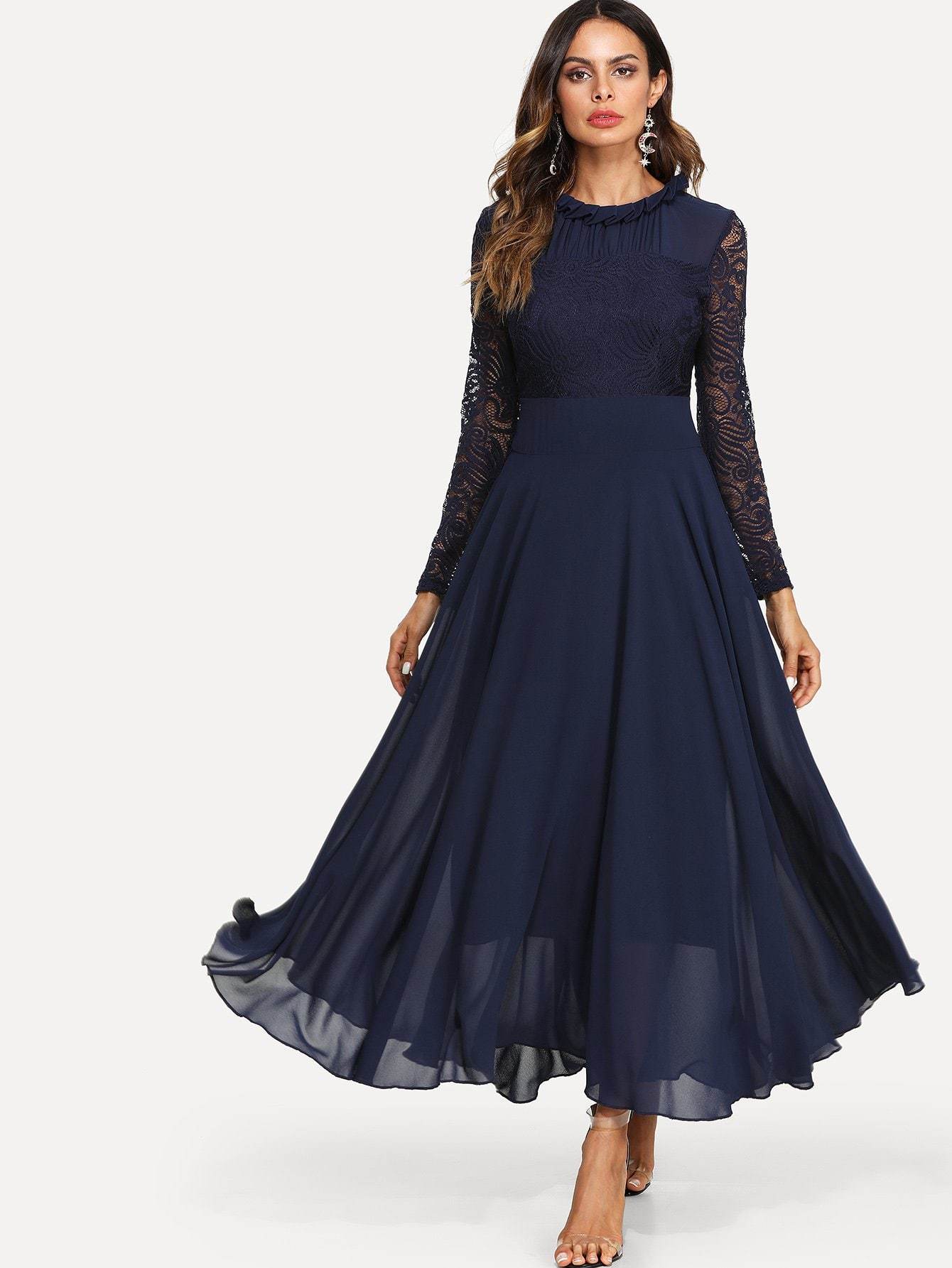 Round Neck Long Sleeve Contrast Lace Buttoned Keyhole Dress