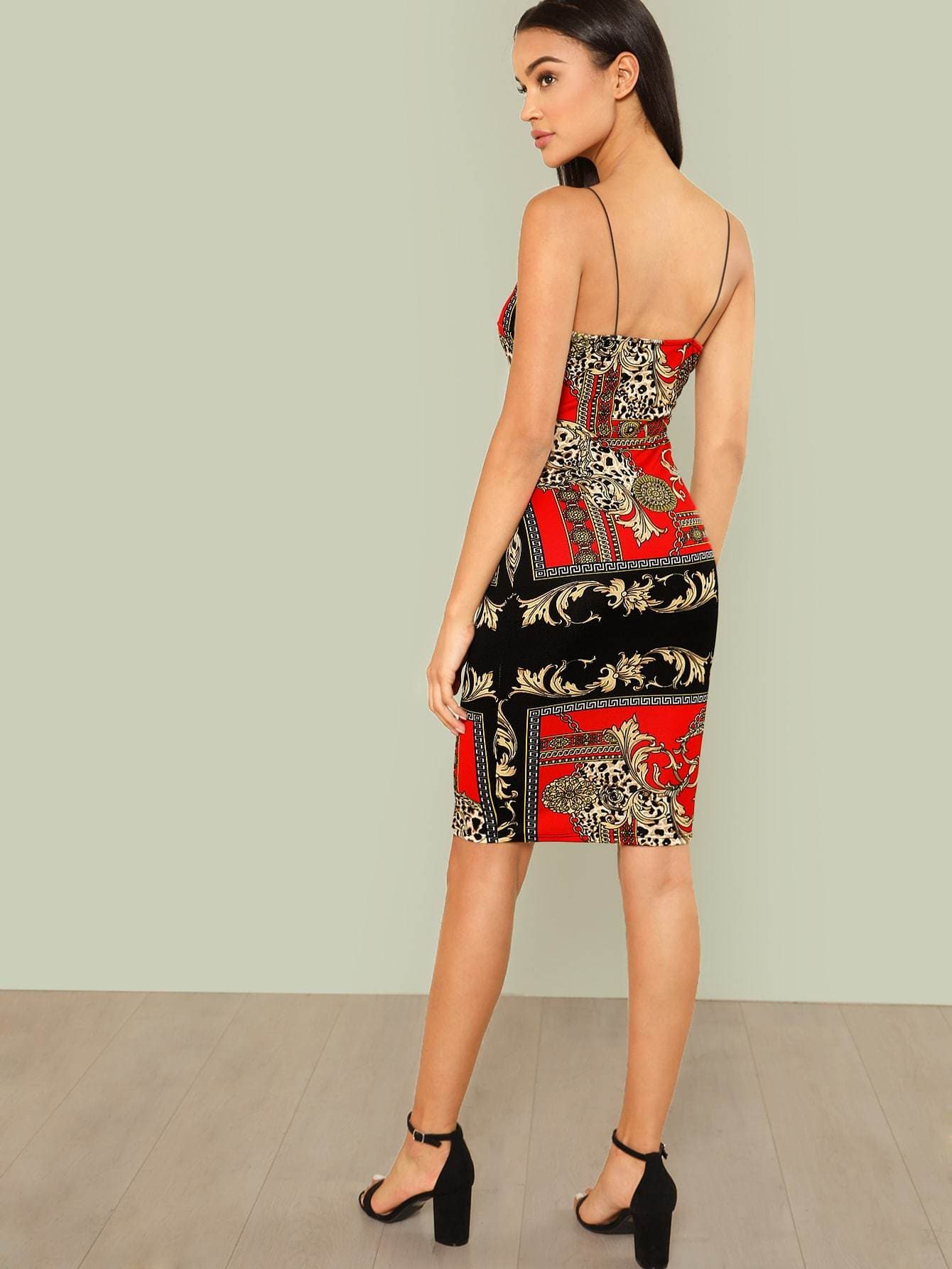 Spaghetti Strap Sleeveless Piece Print Bodycon Dress