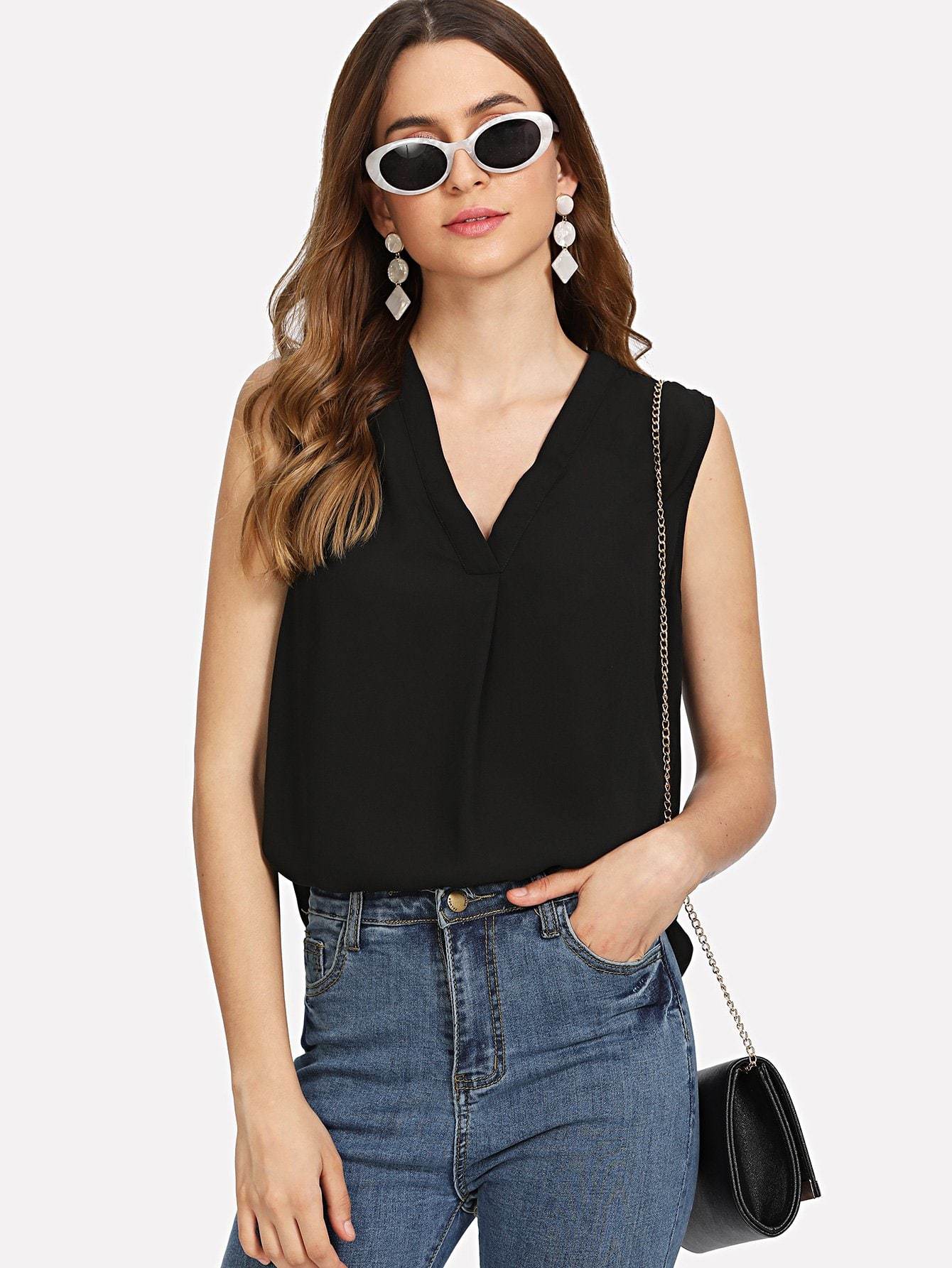 Sleeveless Regular Fit V-cut Neck Solid Top