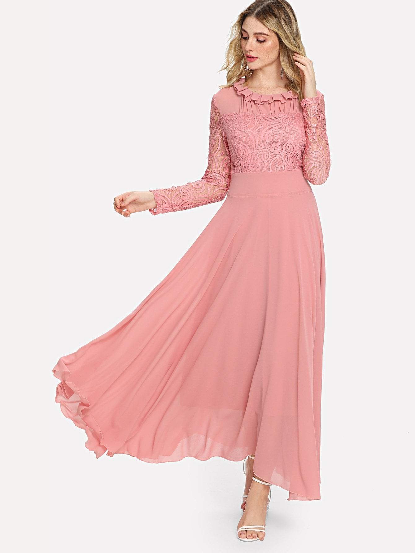 Round Neck Long Sleeve Contrast Lace Buttoned Keyhole Dress