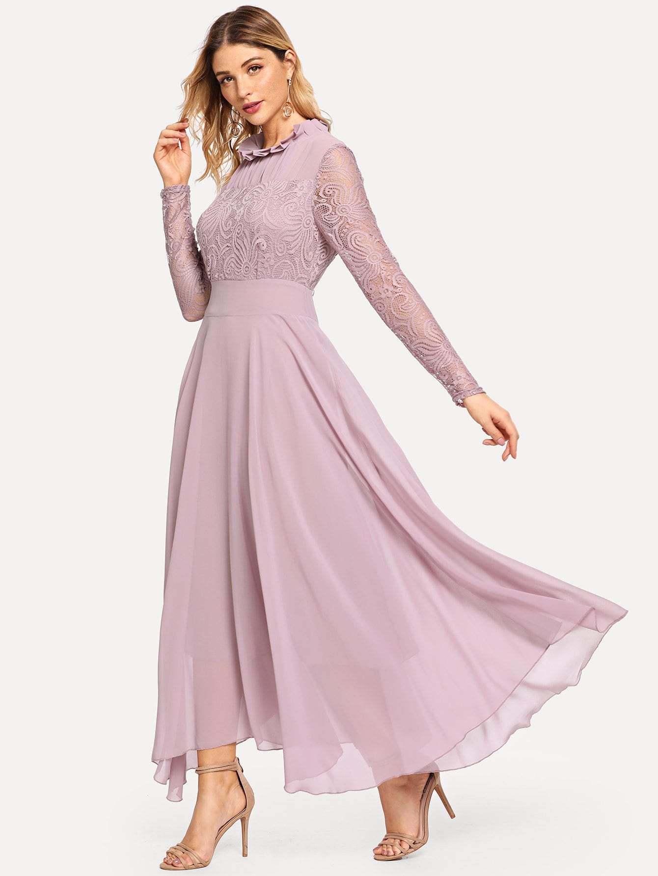 Round Neck Long Sleeve Contrast Lace Buttoned Keyhole Dress