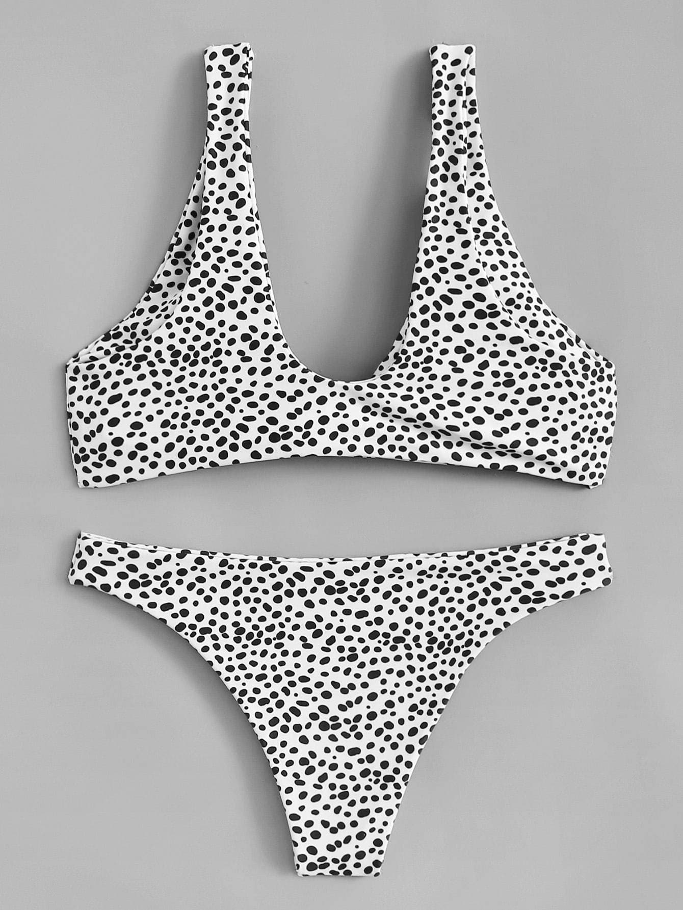Plunge Neck Knot Front Dot Print Bikini Swimwear