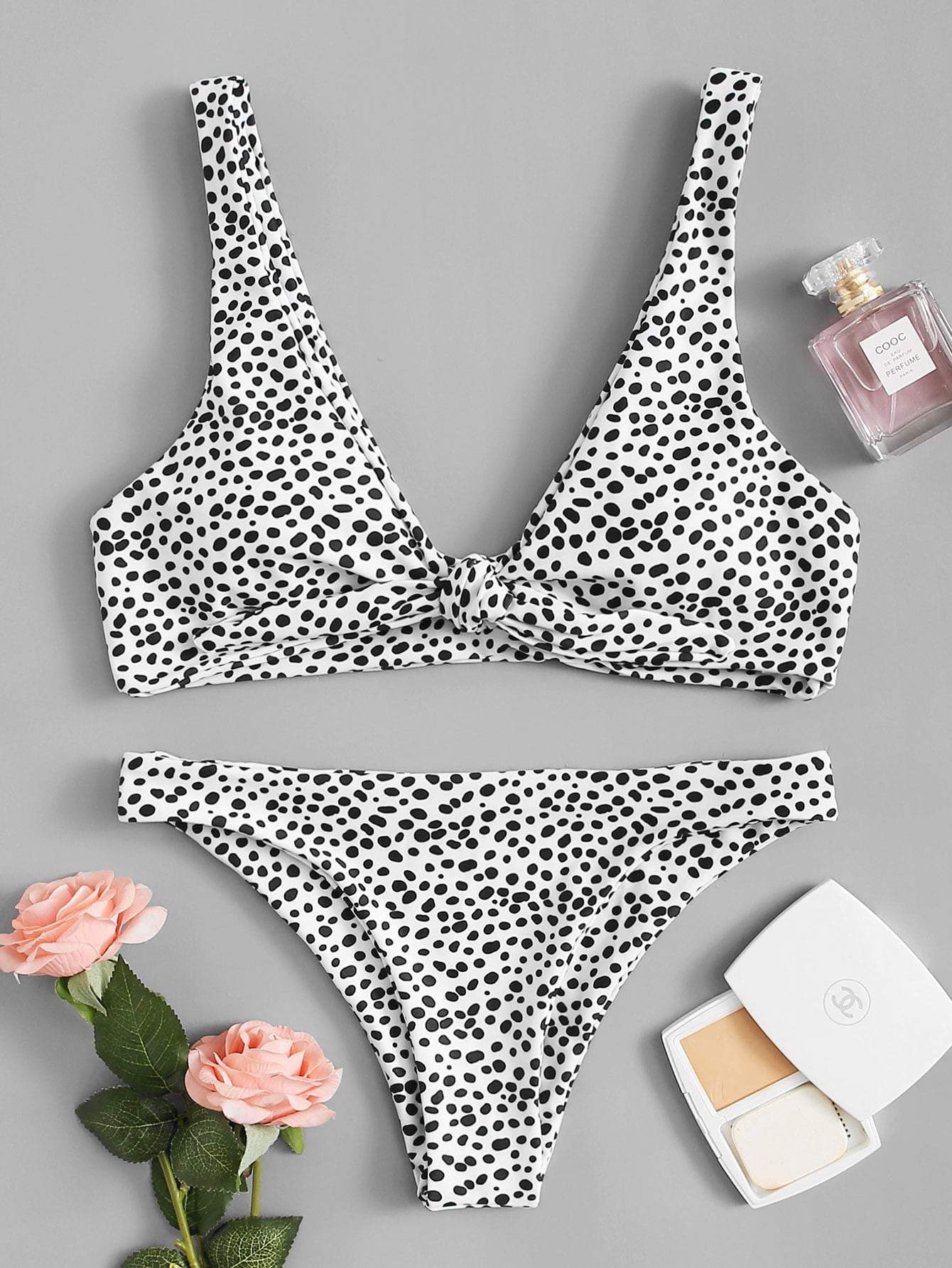 Plunge Neck Knot Front Dot Print Bikini Swimwear