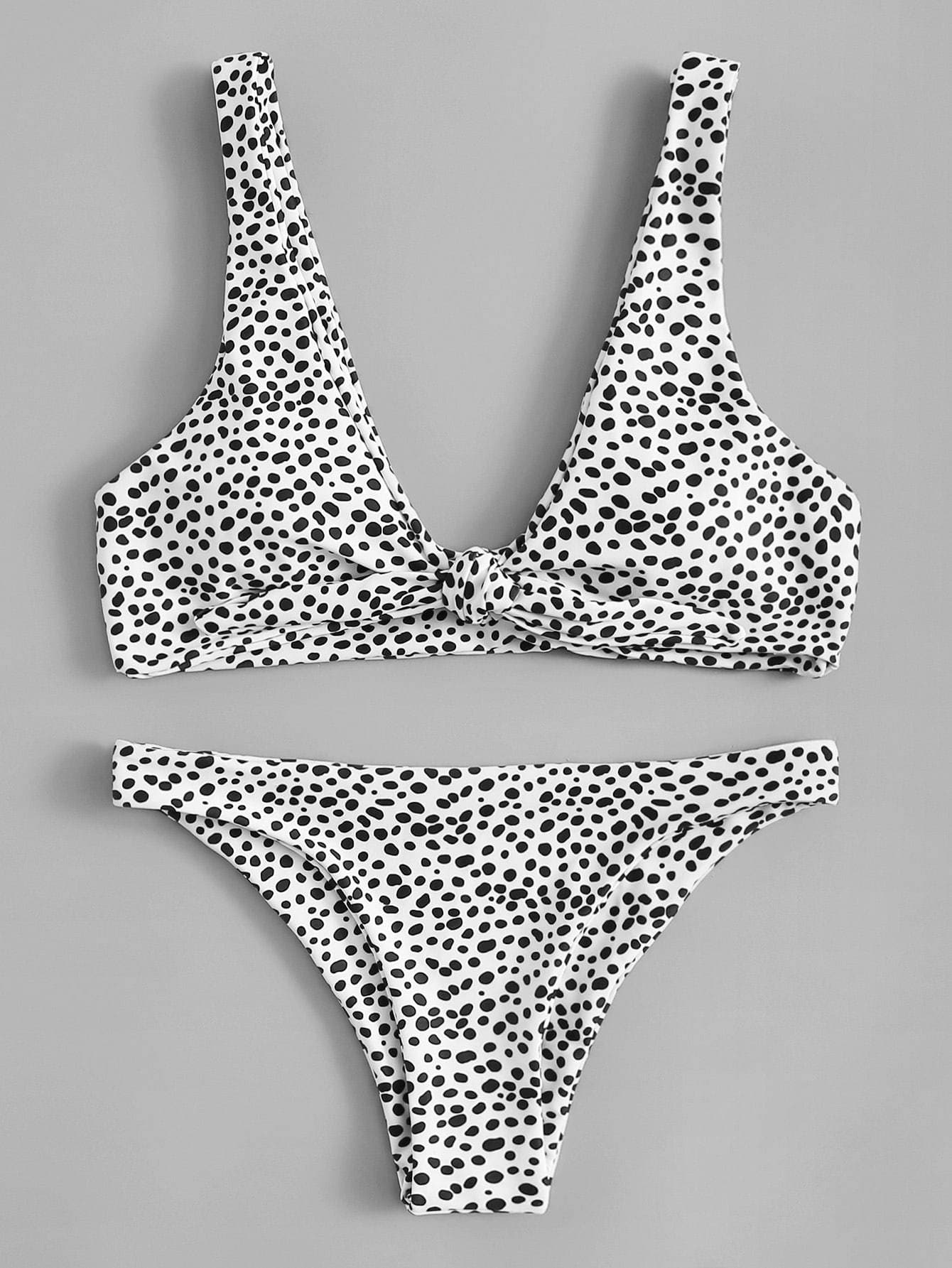 Plunge Neck Knot Front Dot Print Bikini Swimwear