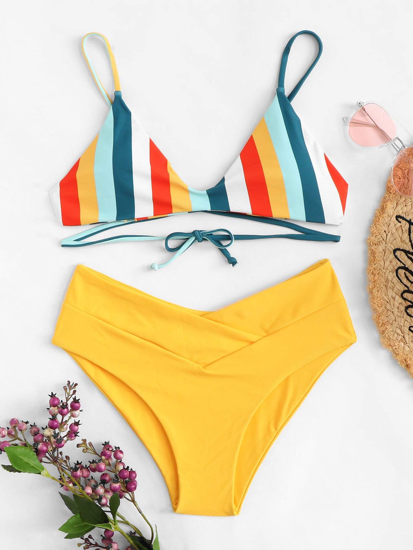 Spaghetti Strap Striped Print Top With Criss Cross Bikini Swimwear