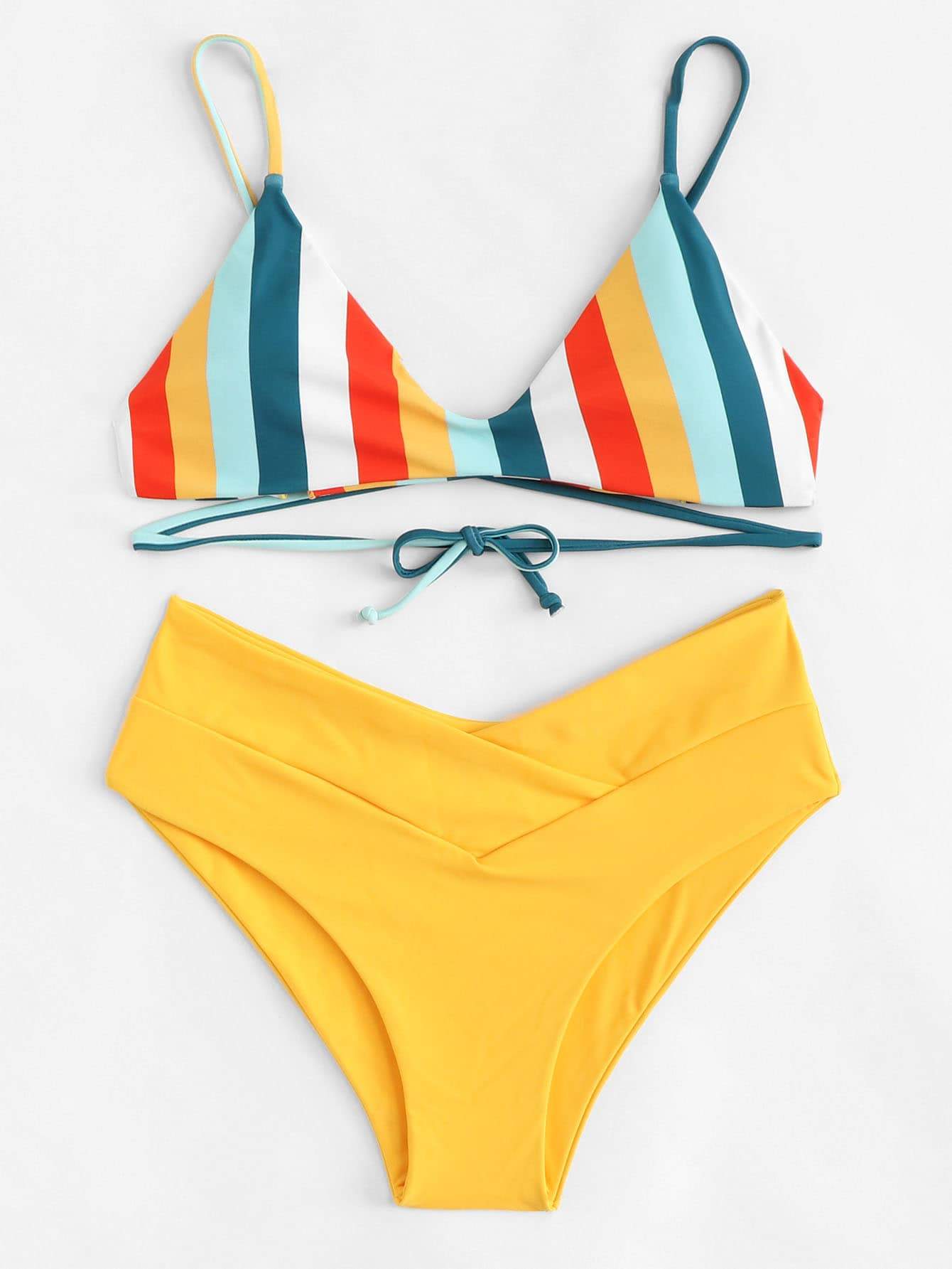 Spaghetti Strap Striped Print Top With Criss Cross Bikini Swimwear