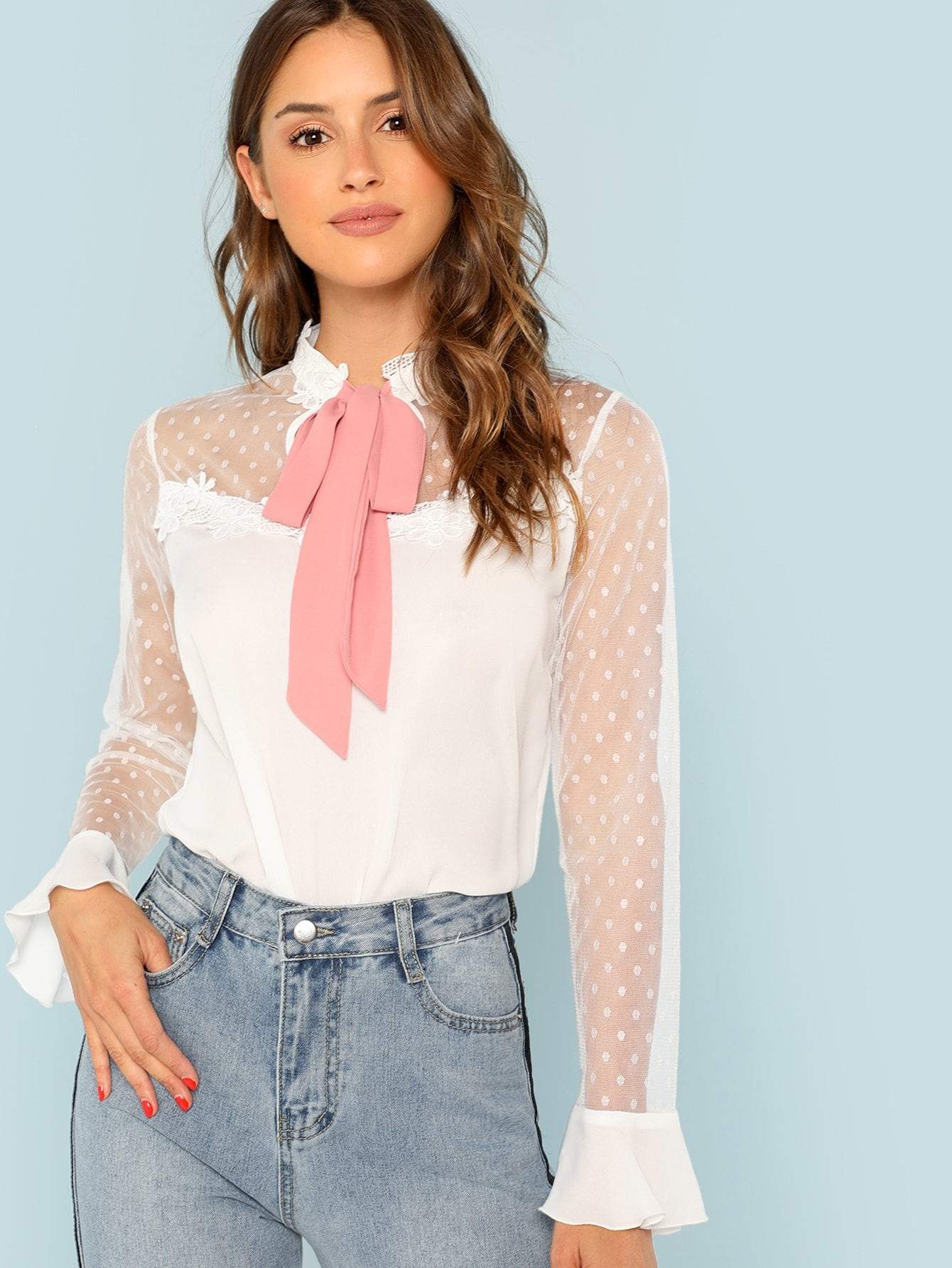 Stand Collar 100% Polyester Lace Applique Mesh Insert Ruffle Cuff Tie Neck Blouse