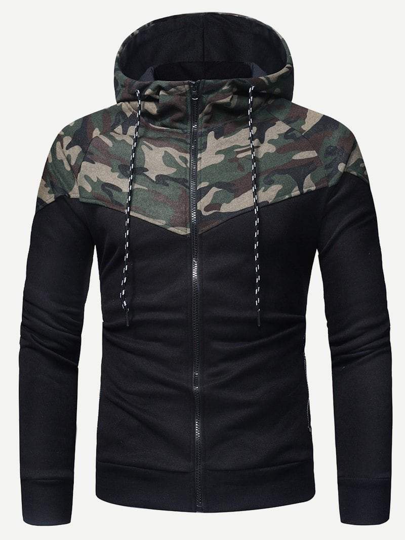 Drawstring Zipper Long Sleeve Camo Print Hooded Sweatshirt