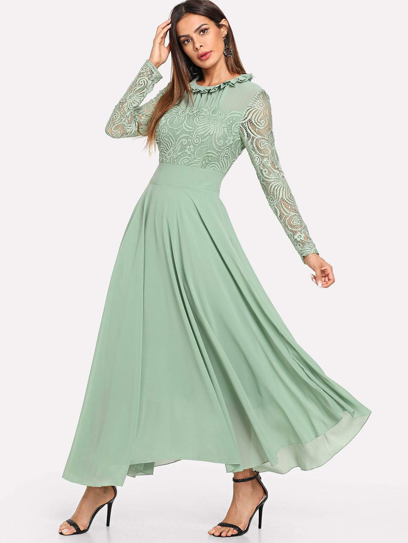 Round Neck Long Sleeve Contrast Lace Buttoned Keyhole Dress